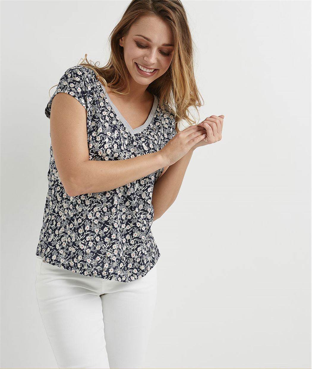 T-shirt femme imprimé fleuri MARINE