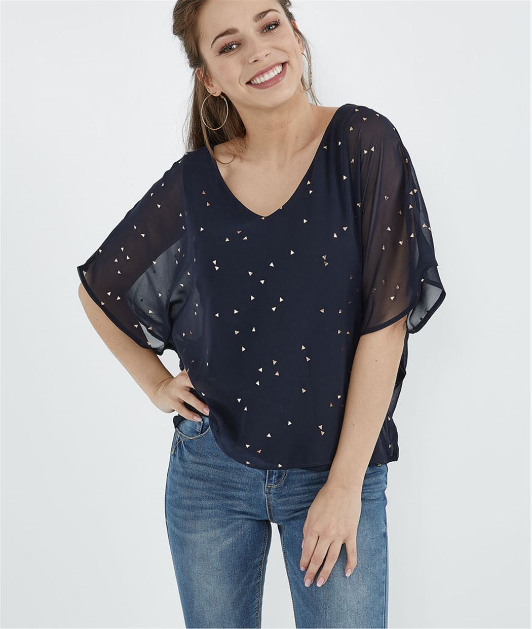 T-shirt femme manches volantées MARINE
