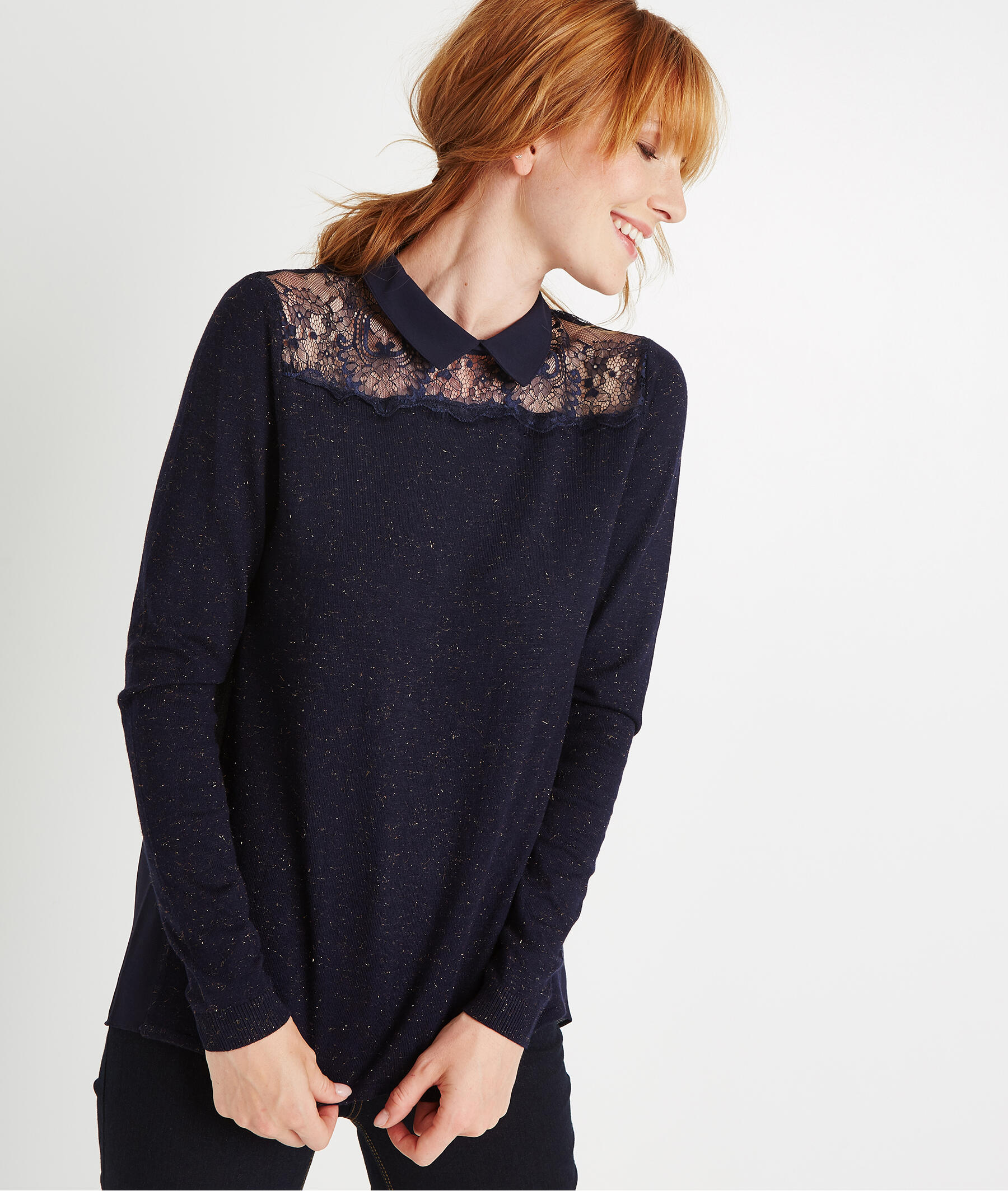 Pull fin avec voile et dentelle MARINE