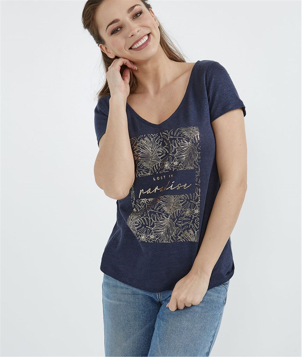 T-shirt femme 100% lin imprimé tropical MARINE