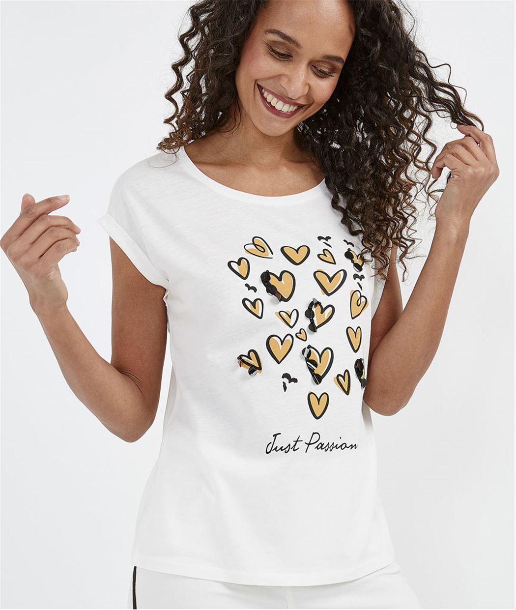 T-shirt blanc imprimé coeurs ECRU