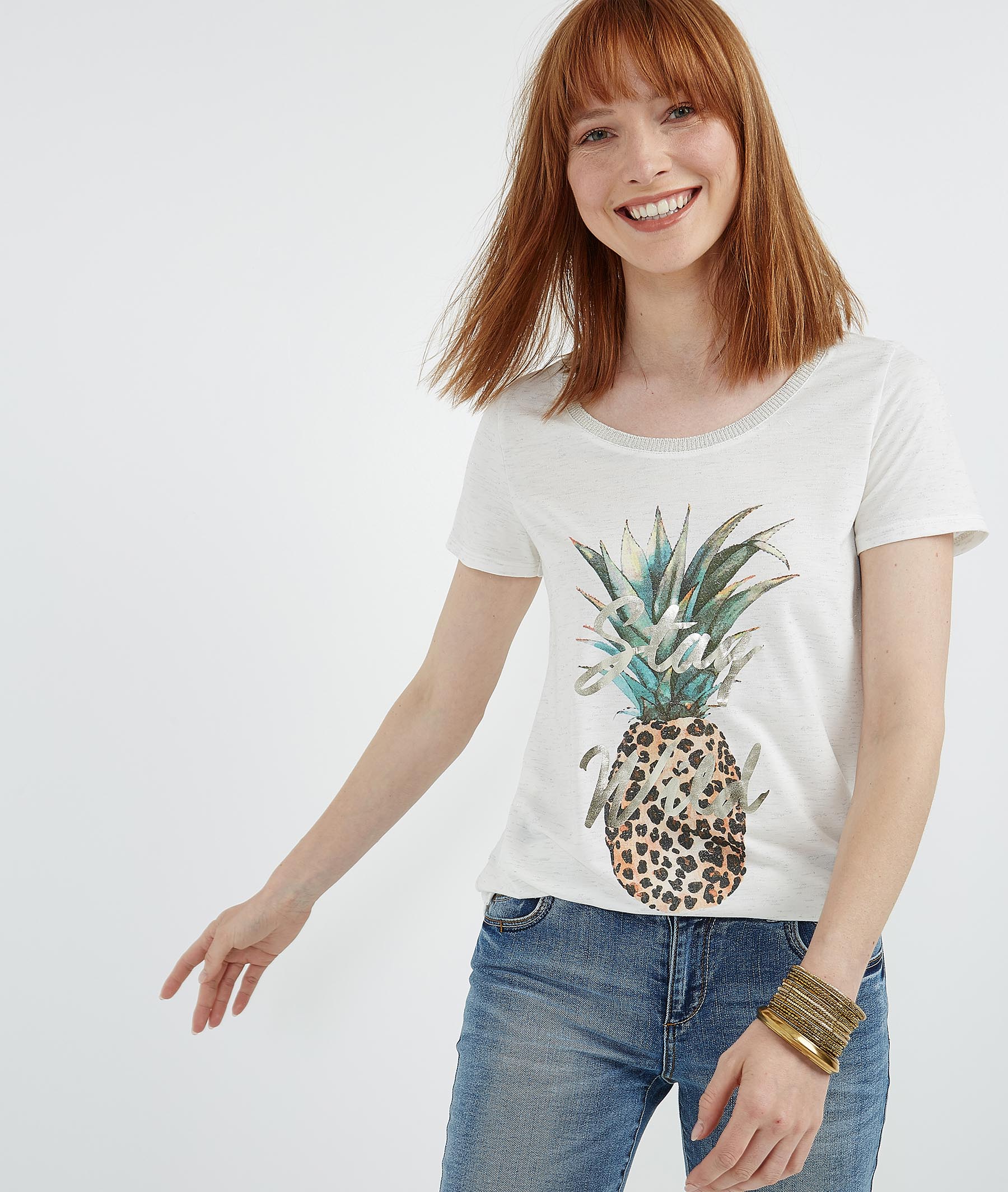 T-shirt imprimé ananas et panthère BLANC