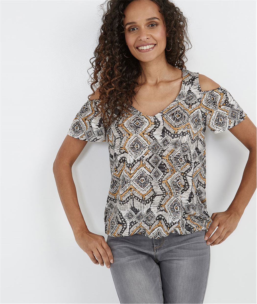 T-shirt femme imprimé base élastiquée CHOCOLAT