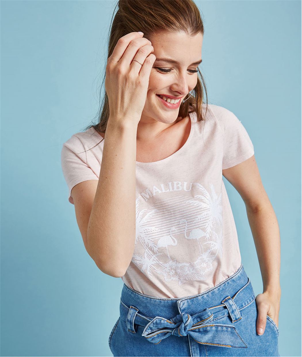 T-shirt rose avec message malibu ROSE