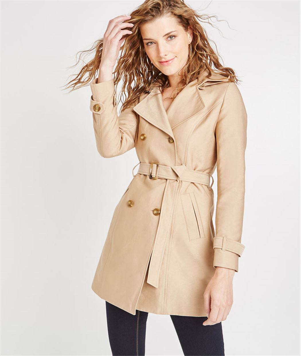 Trench uni mi-long avec capuche BEIGE