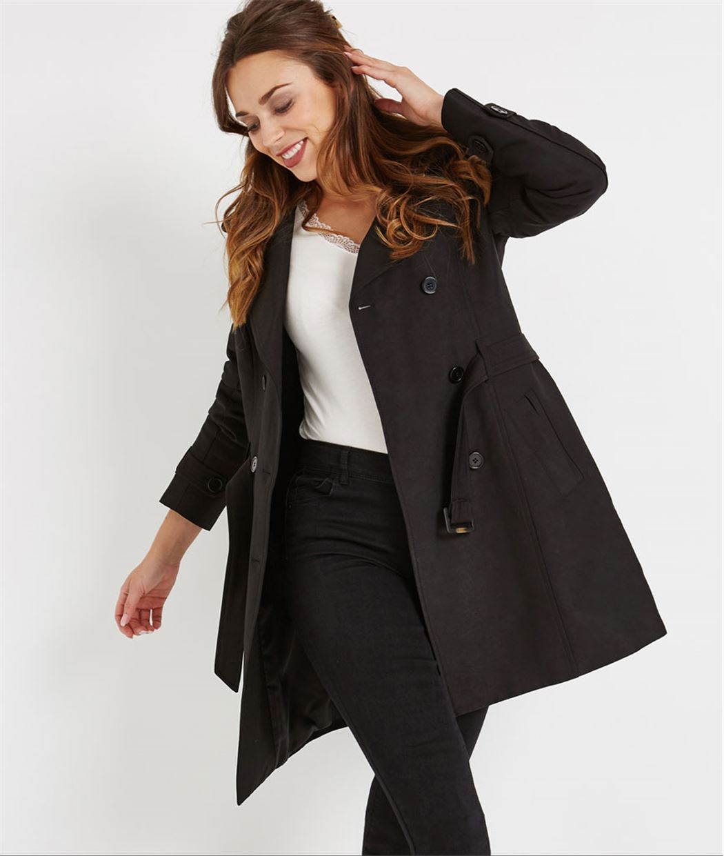 Trench uni mi-long avec capuche NOIR