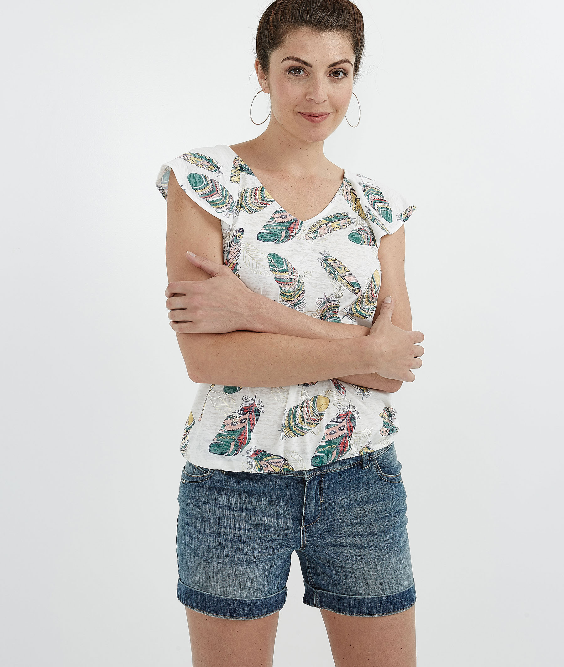 T-shirt femme imprimé plumes ECRU