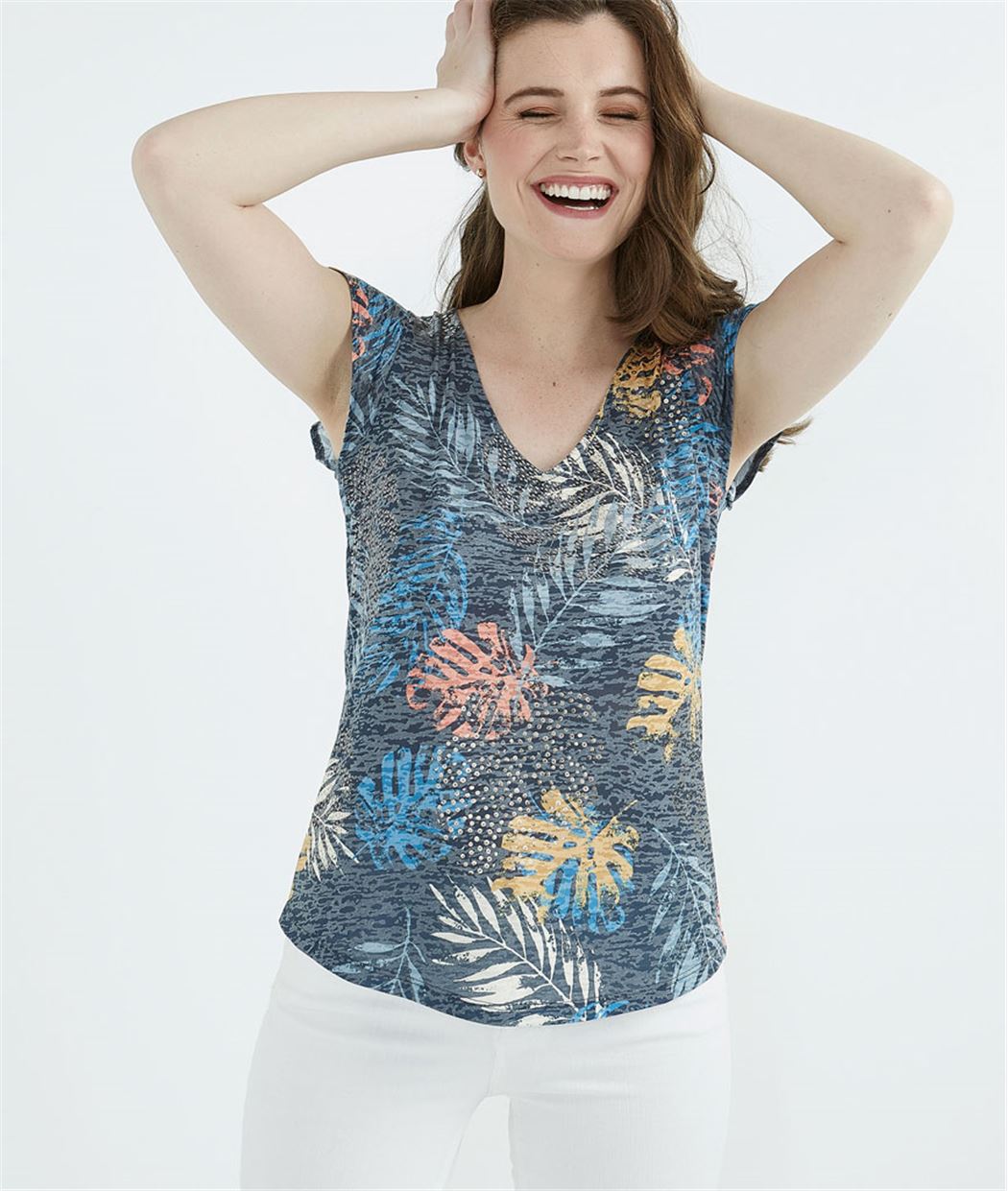 T-shirt femme imprimé feuillages MARINE
