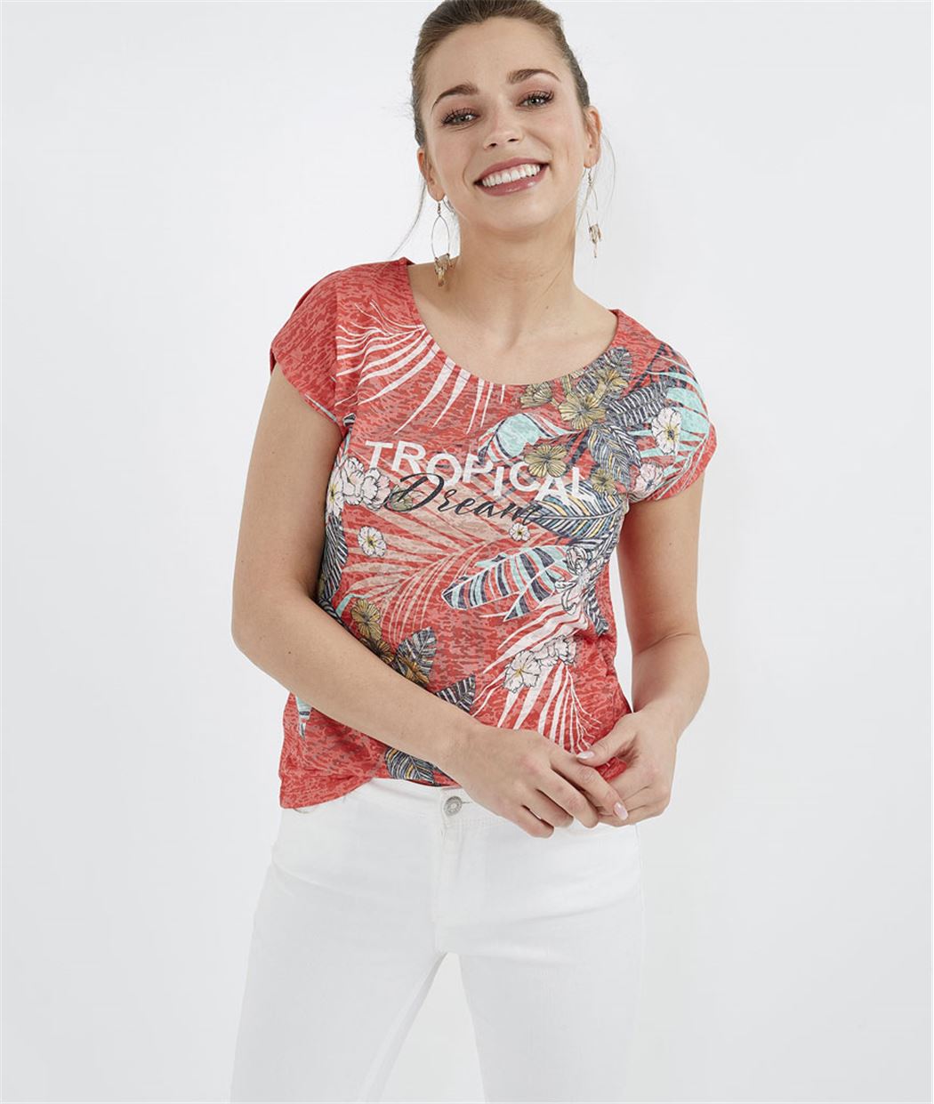 T-shirt corail imprimé tropical ORANGE