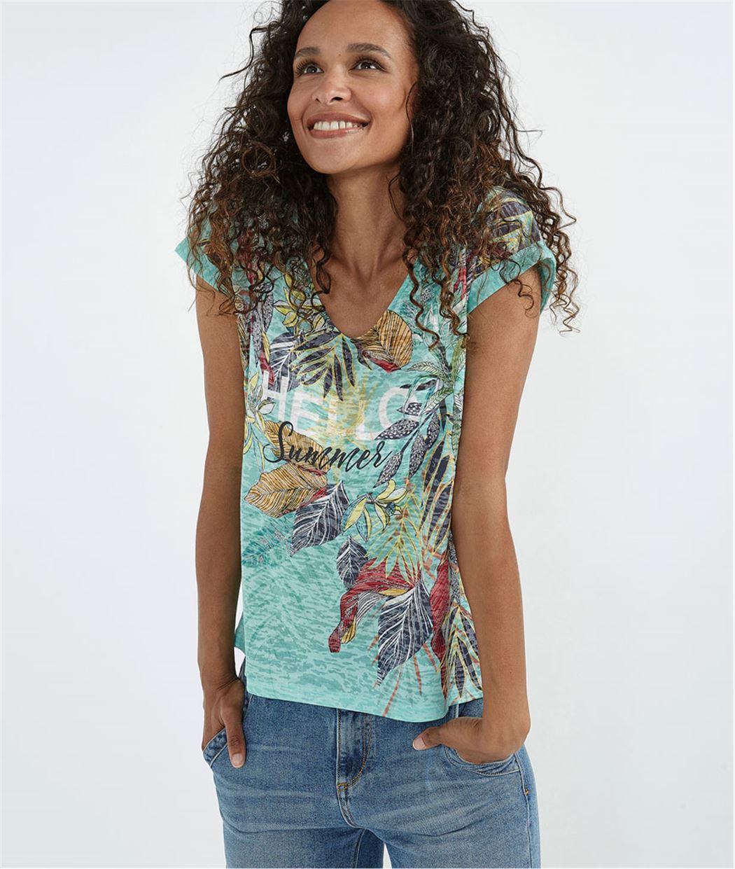 T-shirt turquoise imprimé feuillages TURQUOISE