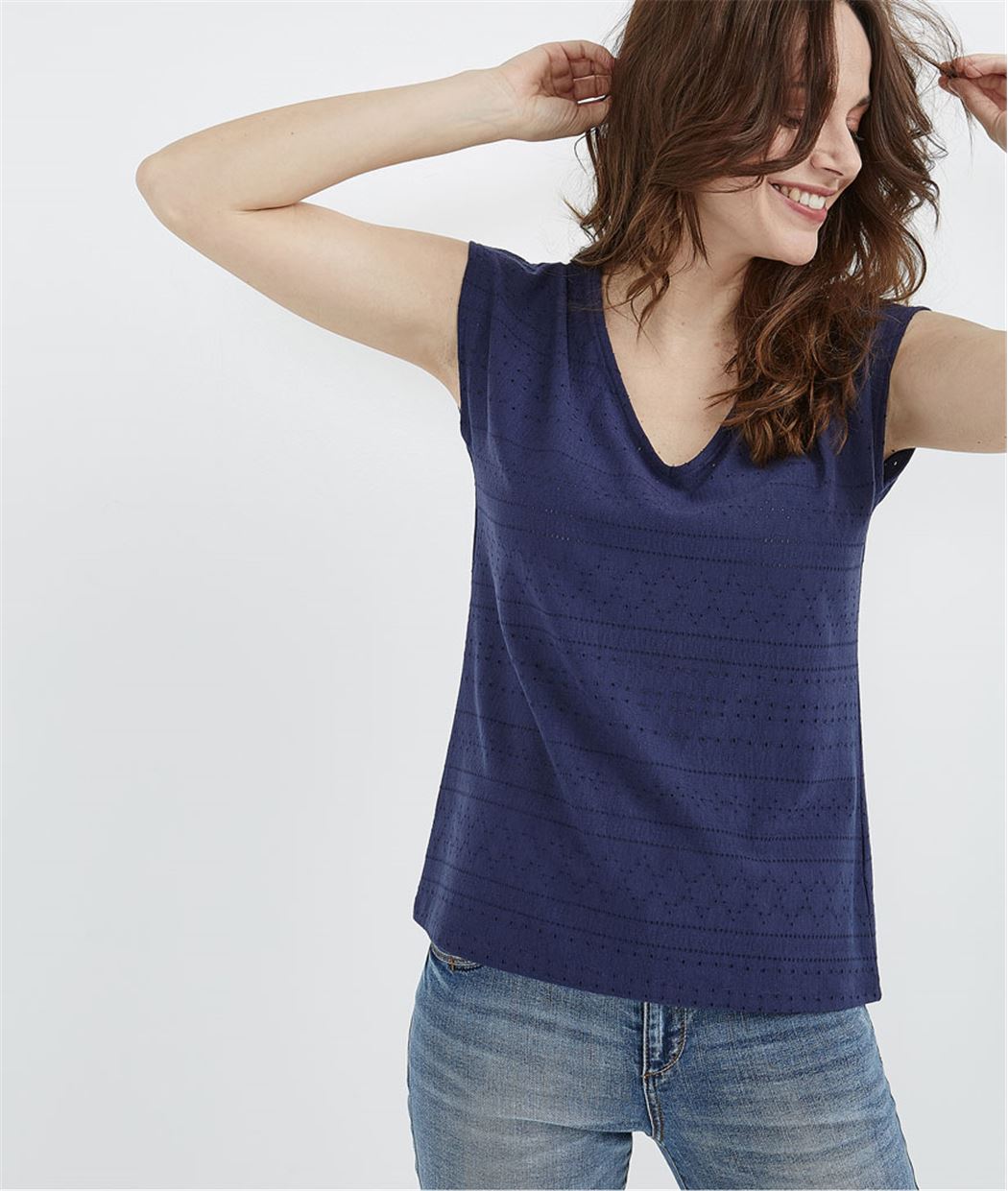 T-shirt ajouré avec noeud dans le dos BLEU