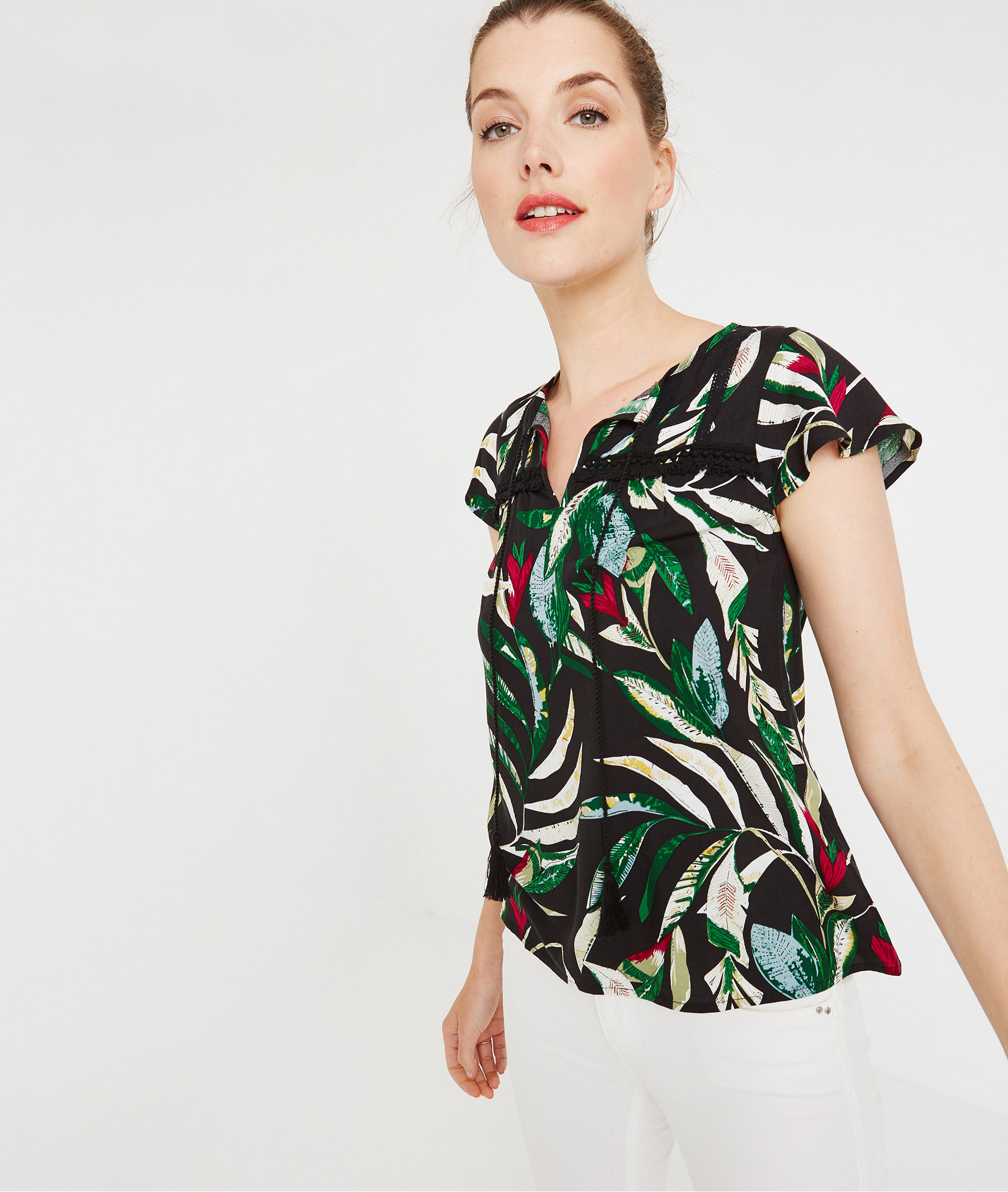 Blouse fluide imprimé tropical IMPRIME FOND NOIR