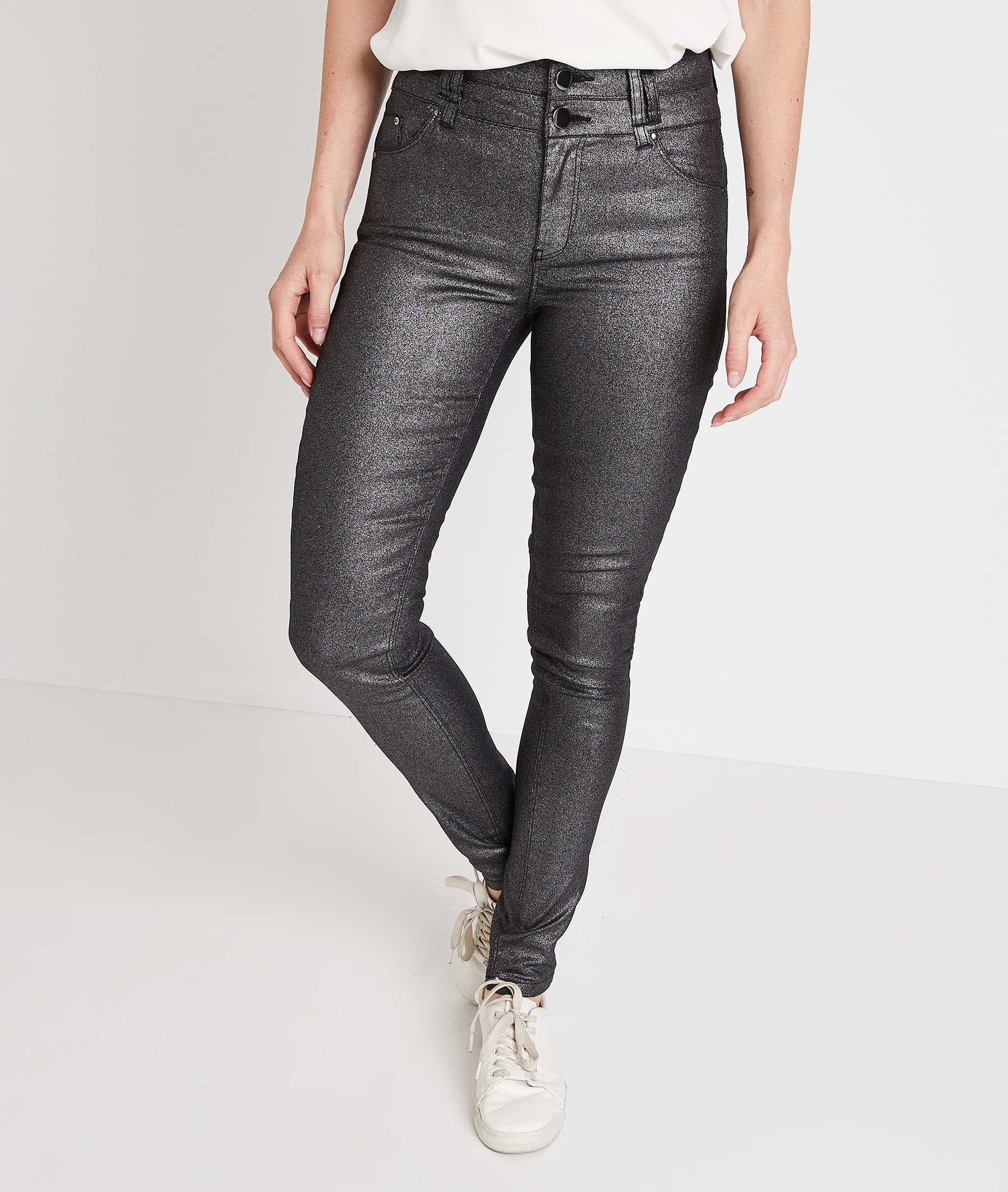 Pantalon slim taille haute enduit femme GRIS