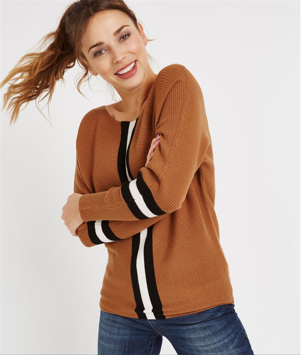 Pull maille avec rayures sports CARAMEL