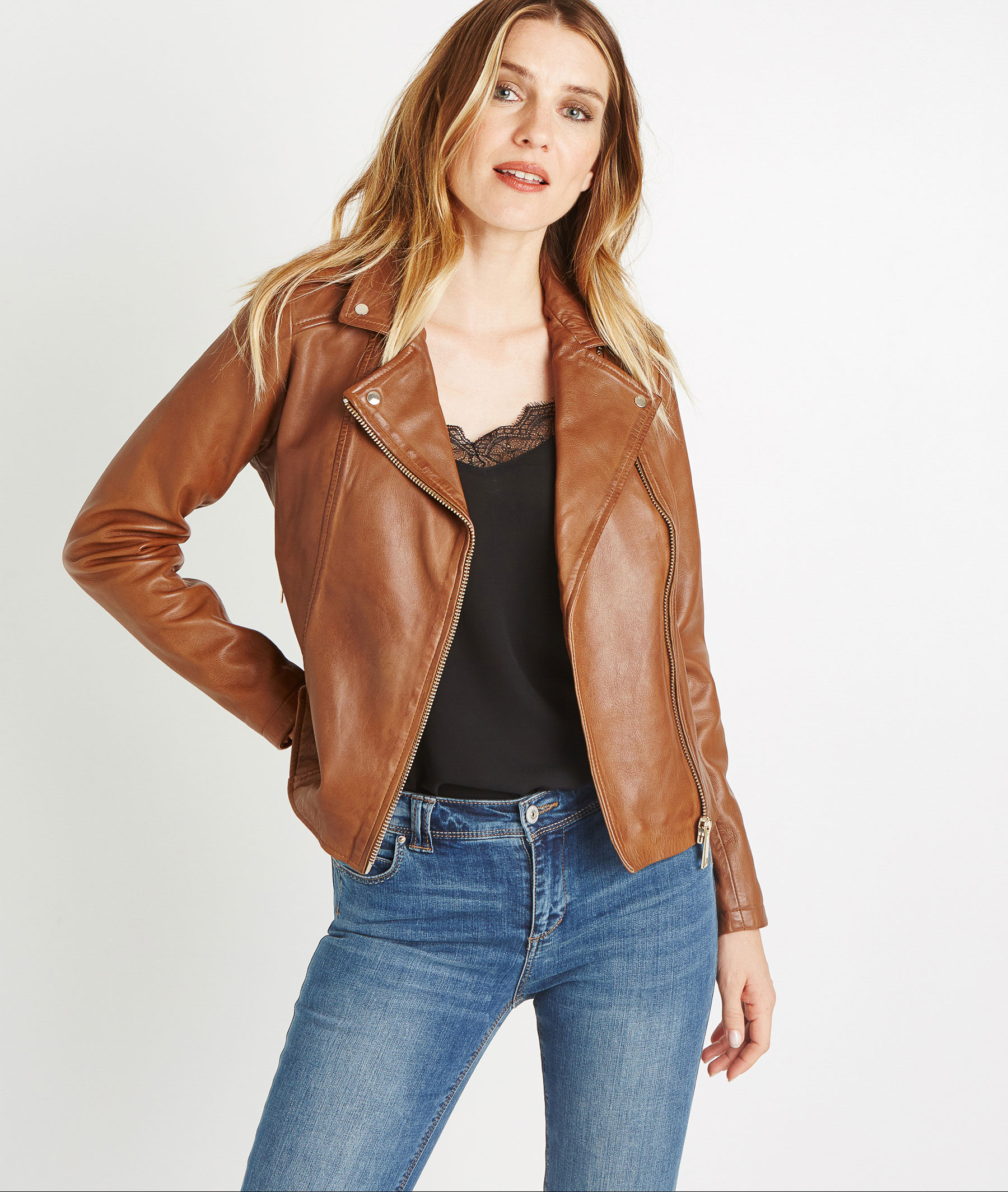 Veste en cuir caramel CARAMEL - Grain de Malice