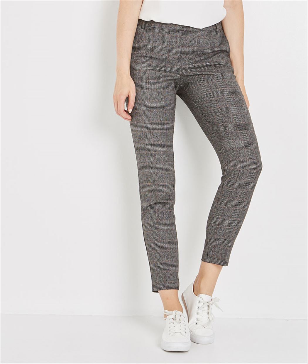 Pantalon cigarette à carreaux élastiqué GRIS