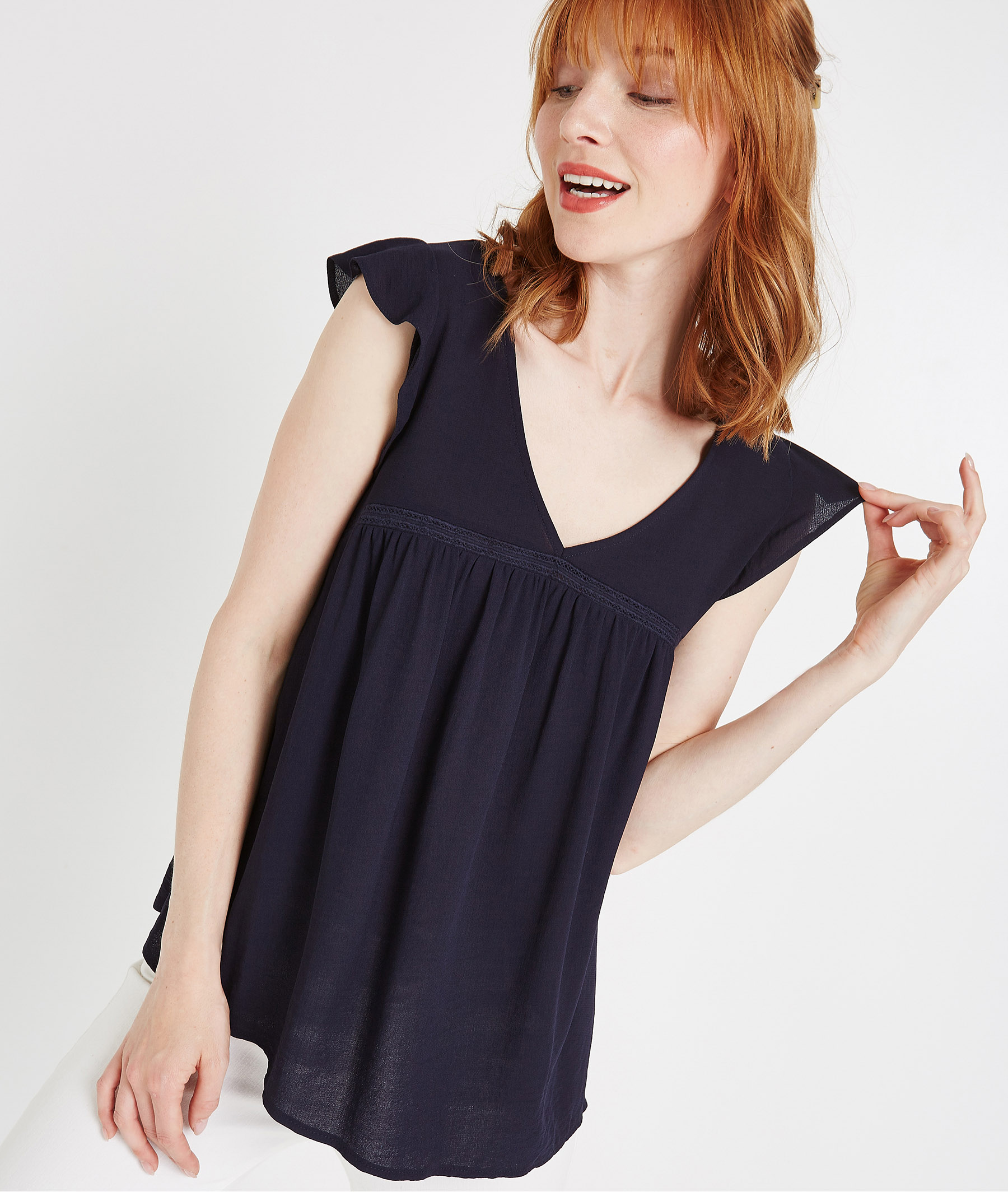 Blouse unie à manches volantées MARINE