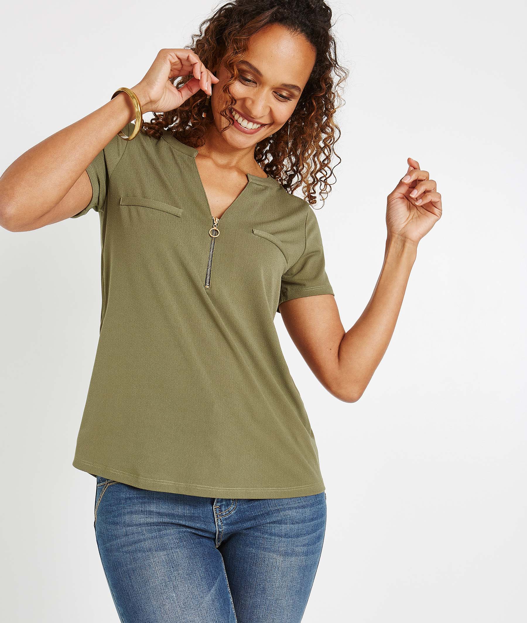 T-shirt uni avec décolleté zippé KAKI