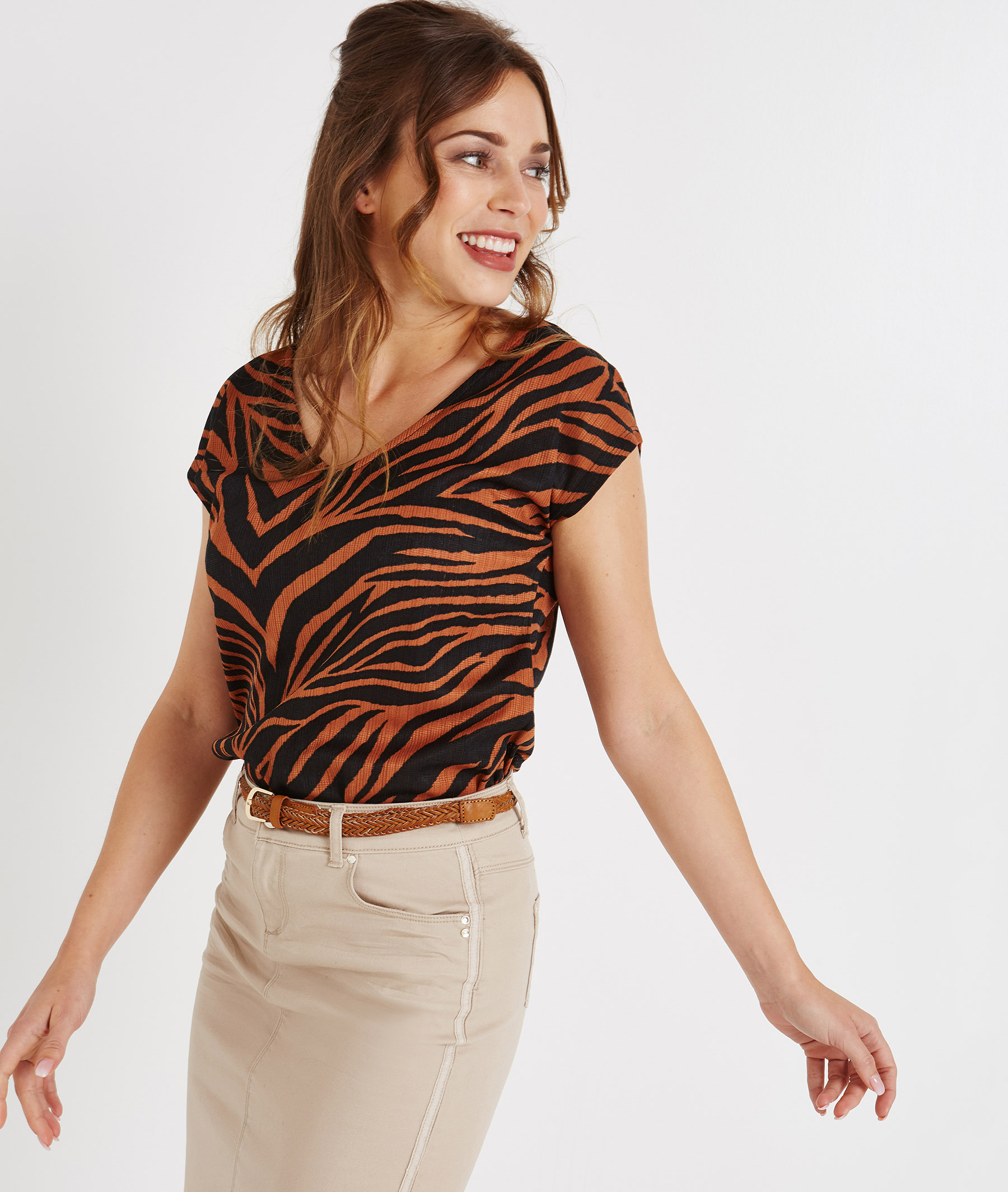 T-shirt manches courtes imprimé zèbre CARAMEL