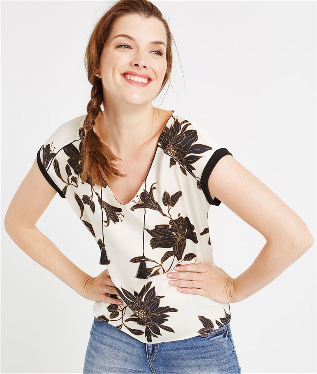 T-shirt écu bi-matières imprimé fleurs ECRU