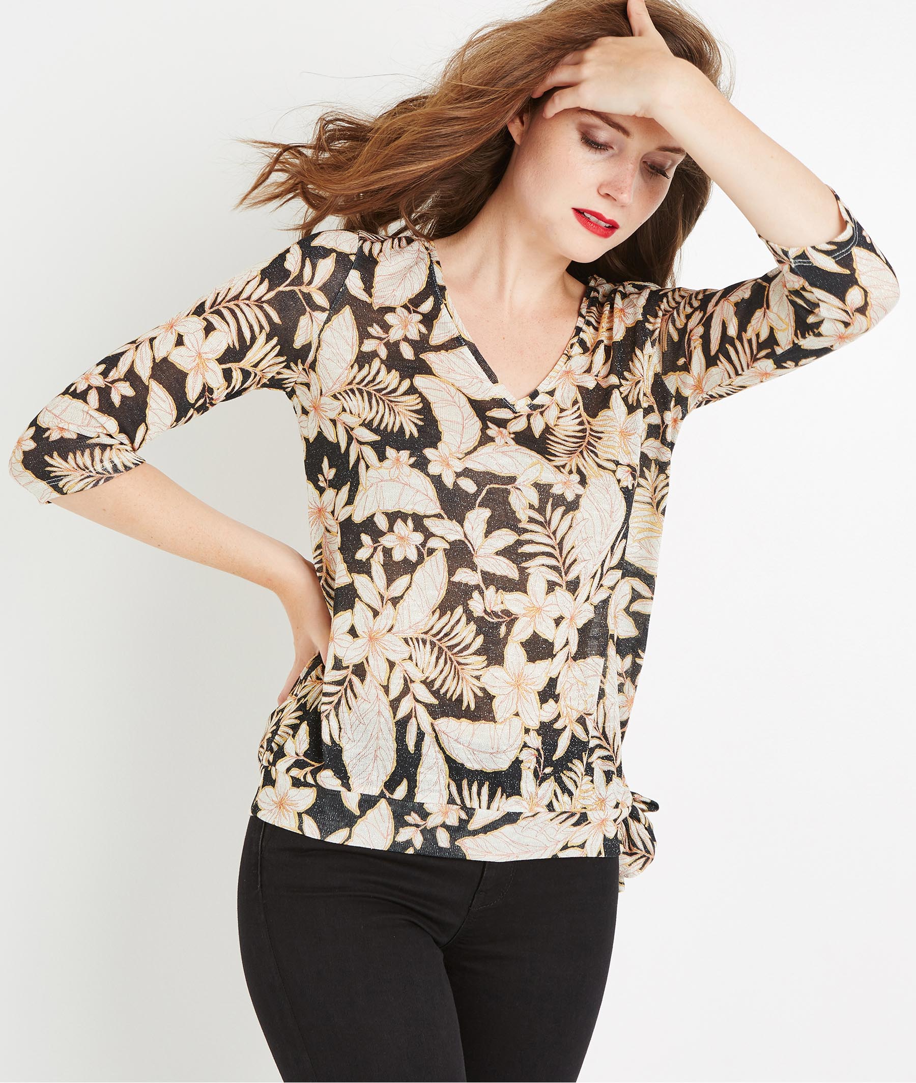 Pull imprimé fleur NOIR