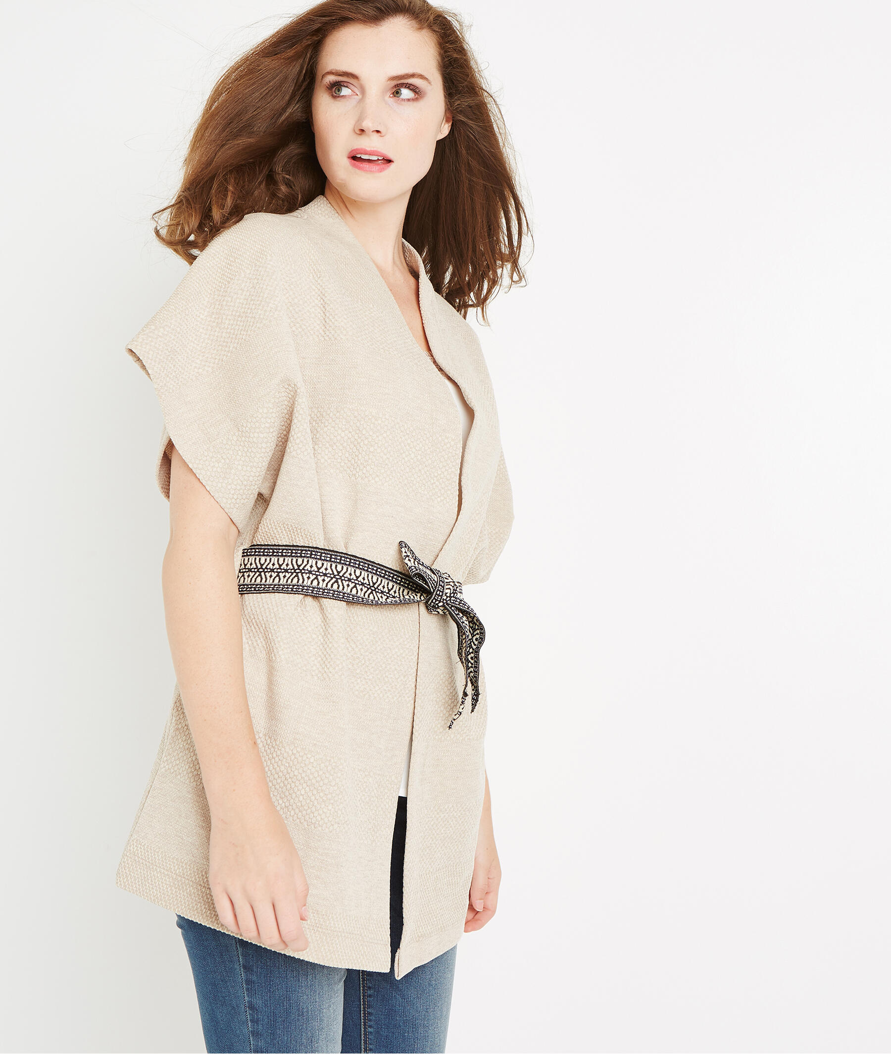 Veste kimono en maille avec ceinture BEIGE