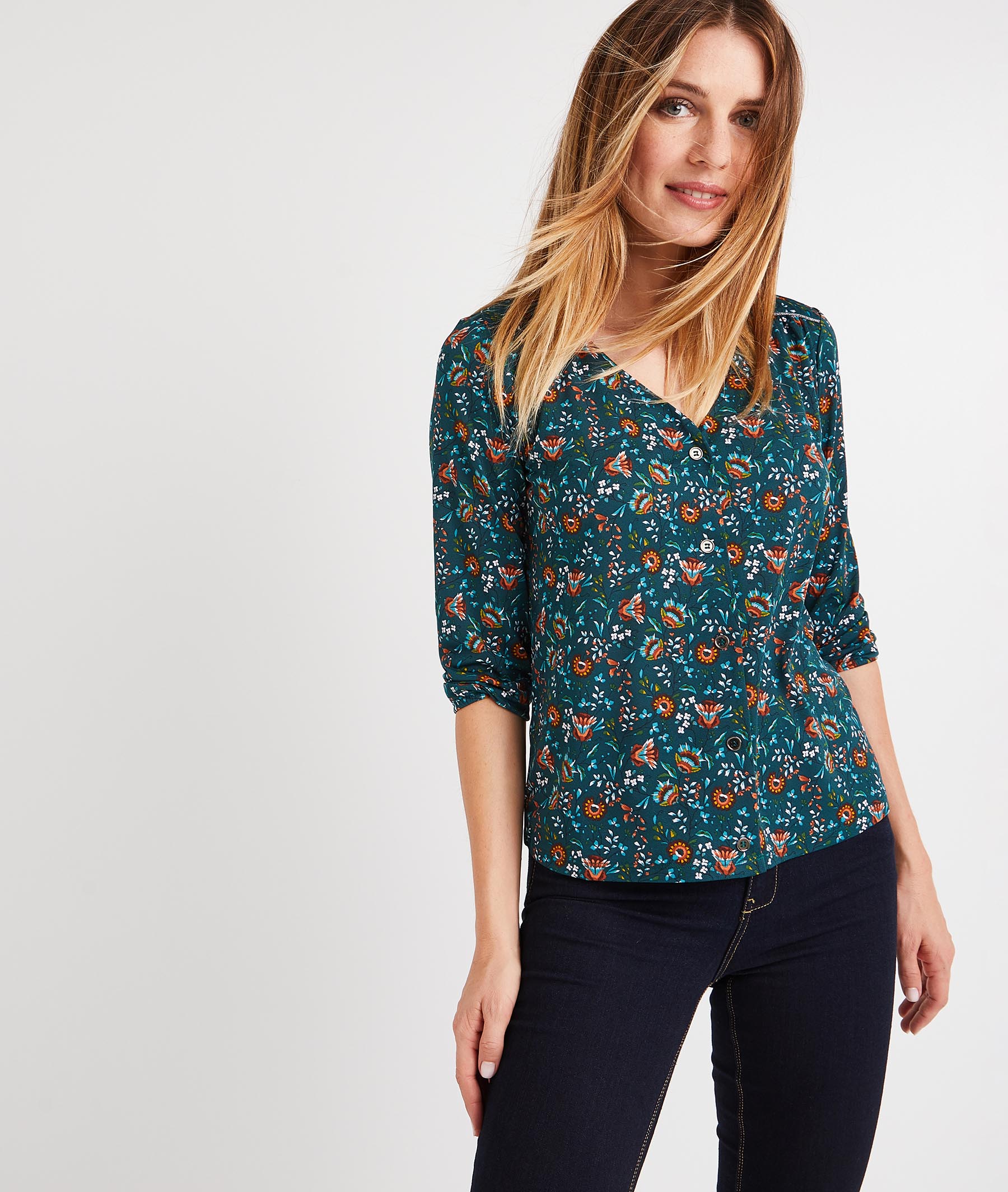 T-shirt imprimé fleuri manches 3/4 VERT