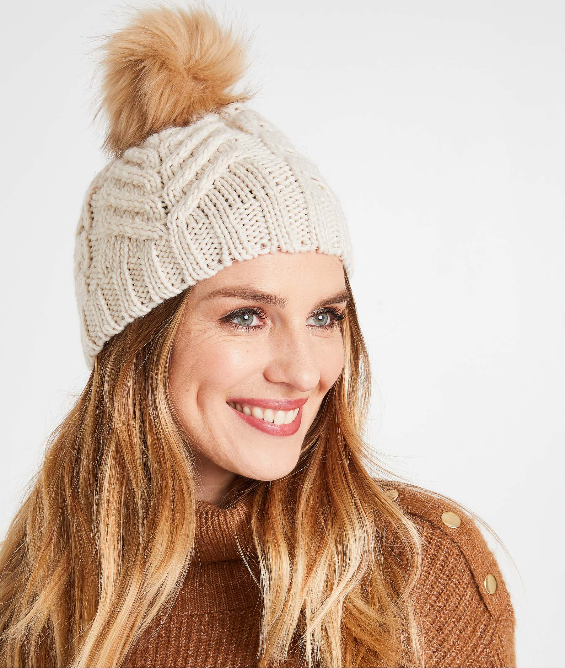 Bonnet tricot à pompons femme BEIGE