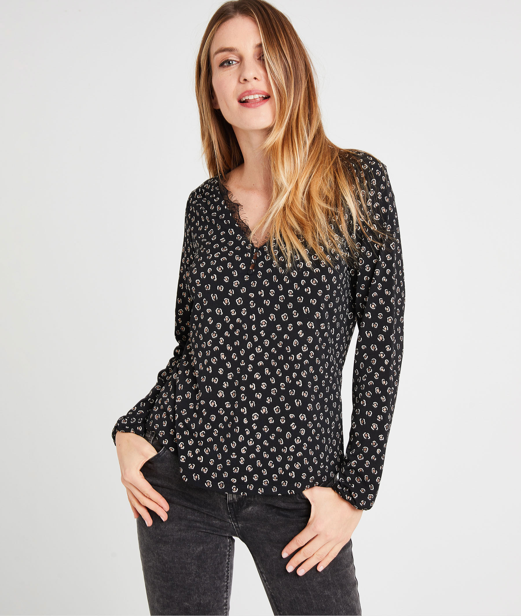 T-shirt imprimé manches longues NOIR
