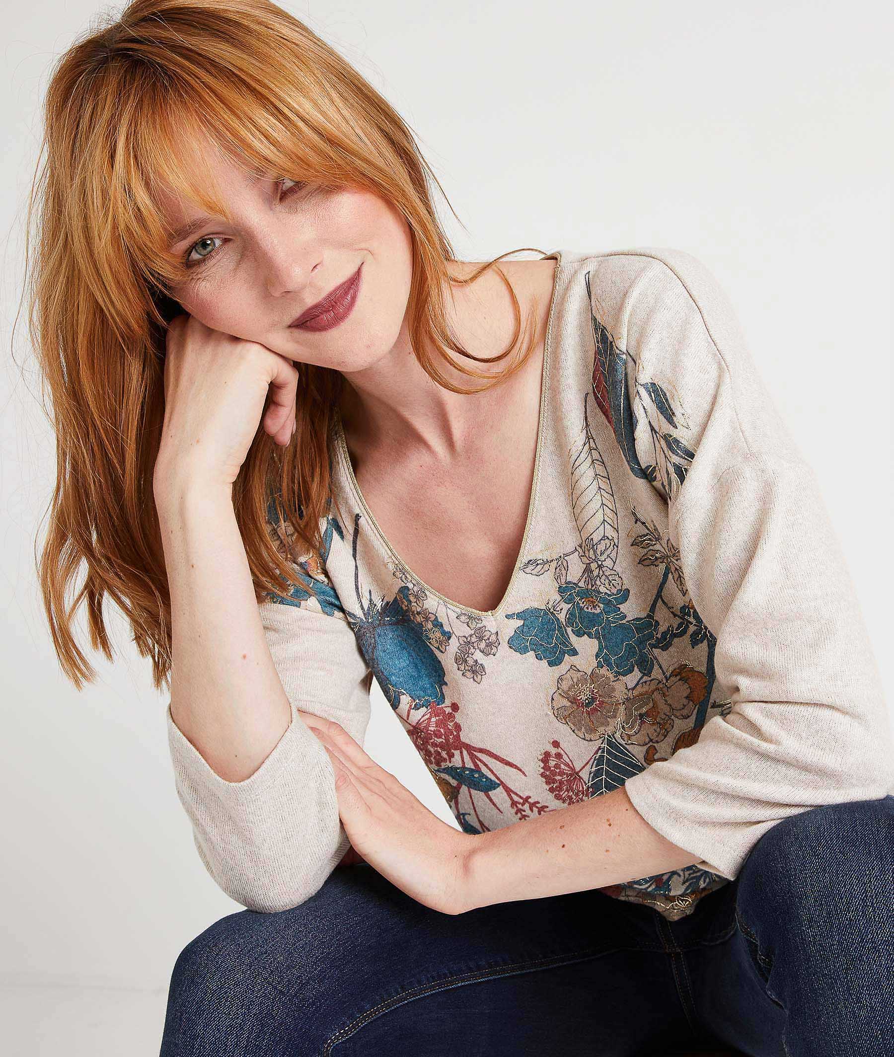 T-shirt en maille imprimé fleurs BEIGE