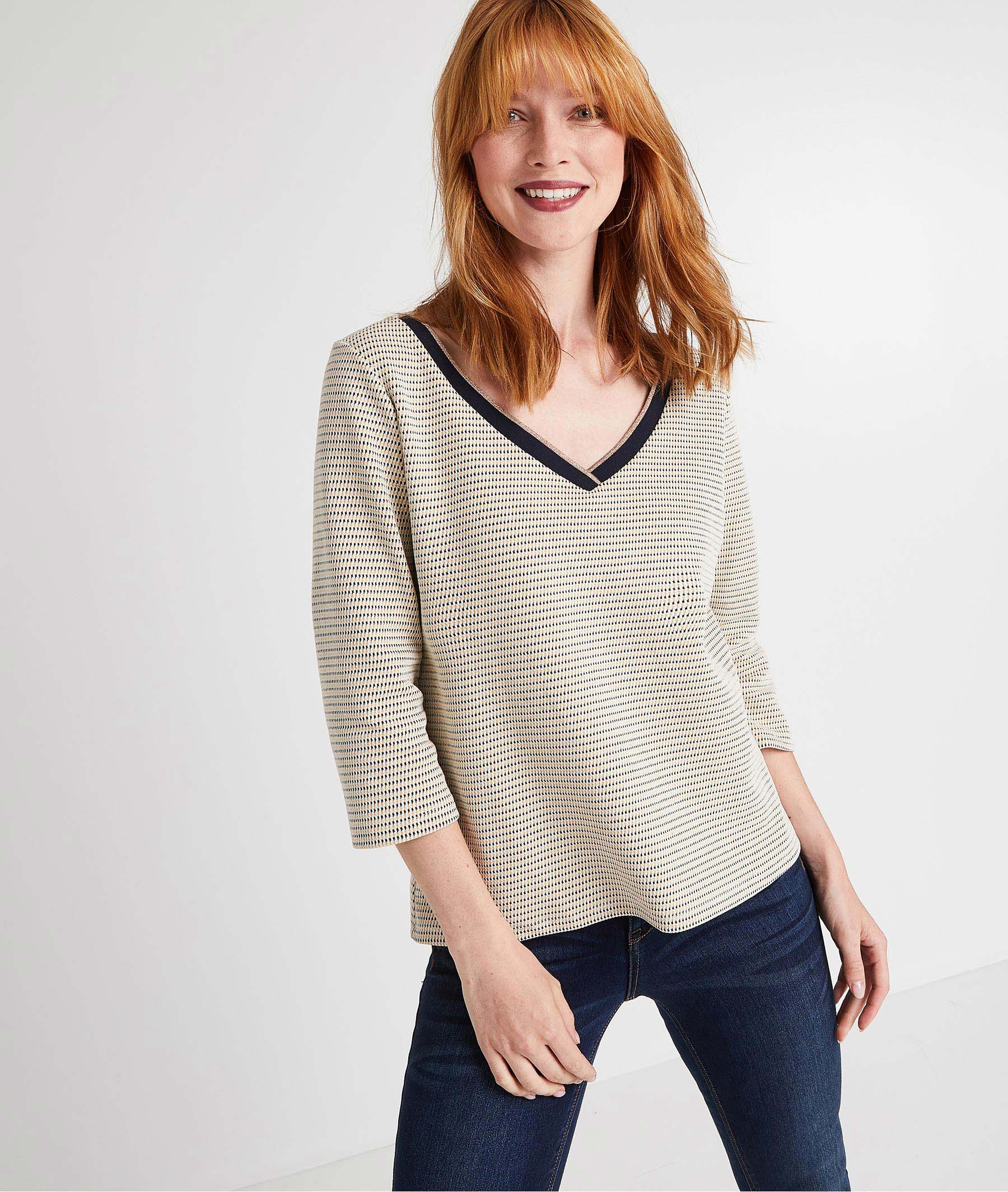 Sweat jacquard avec bord côte ECRU