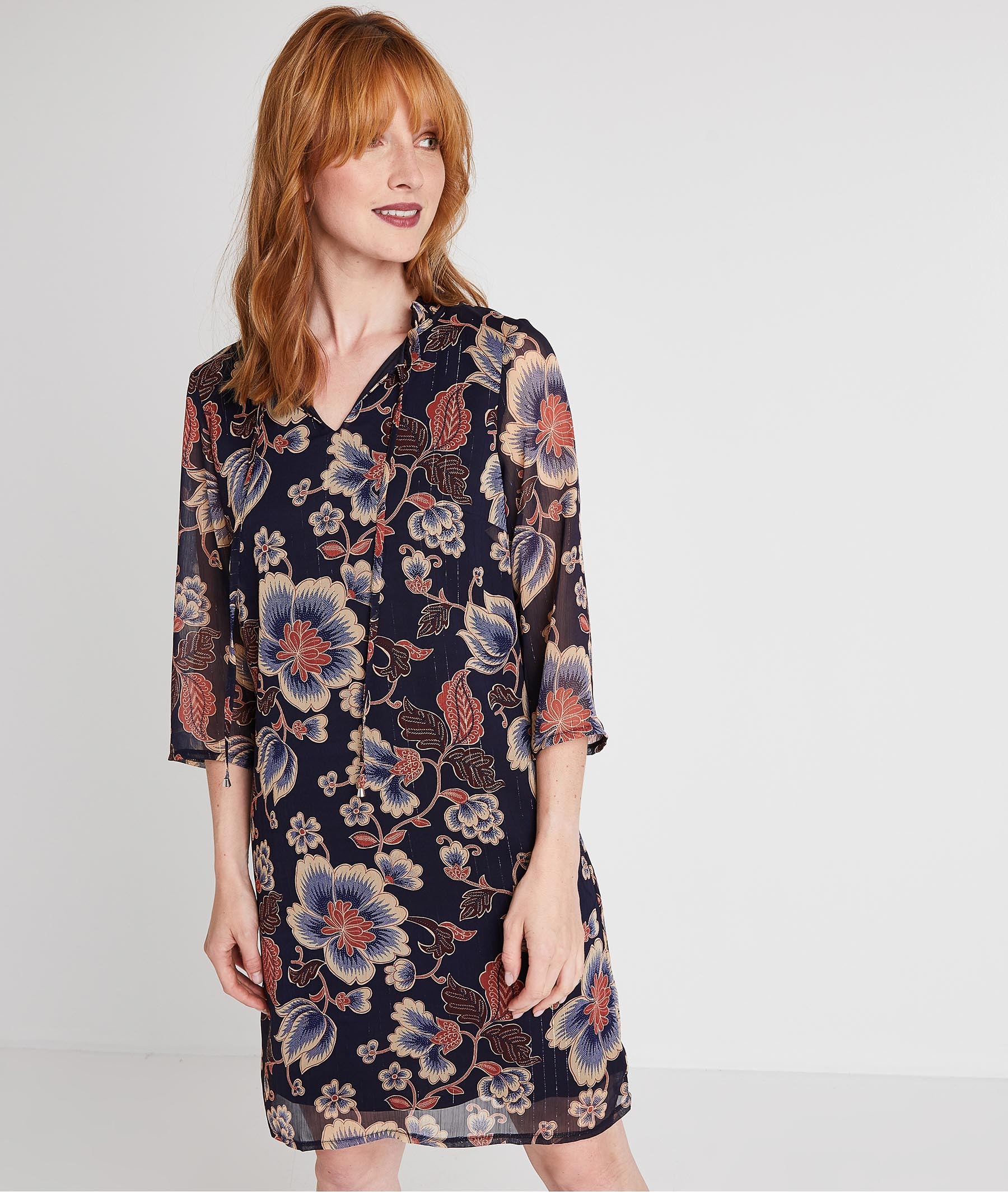 Robe fluide imprimé avec transparence BLEU