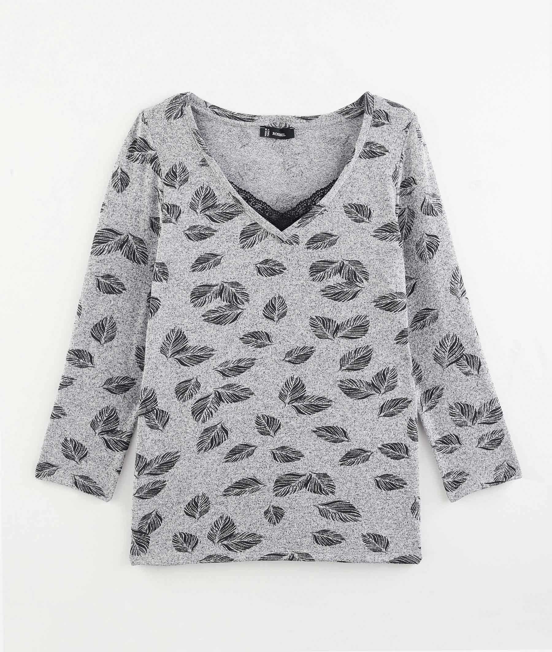 T-shirt imprimé plumes avec dentelle GRIS