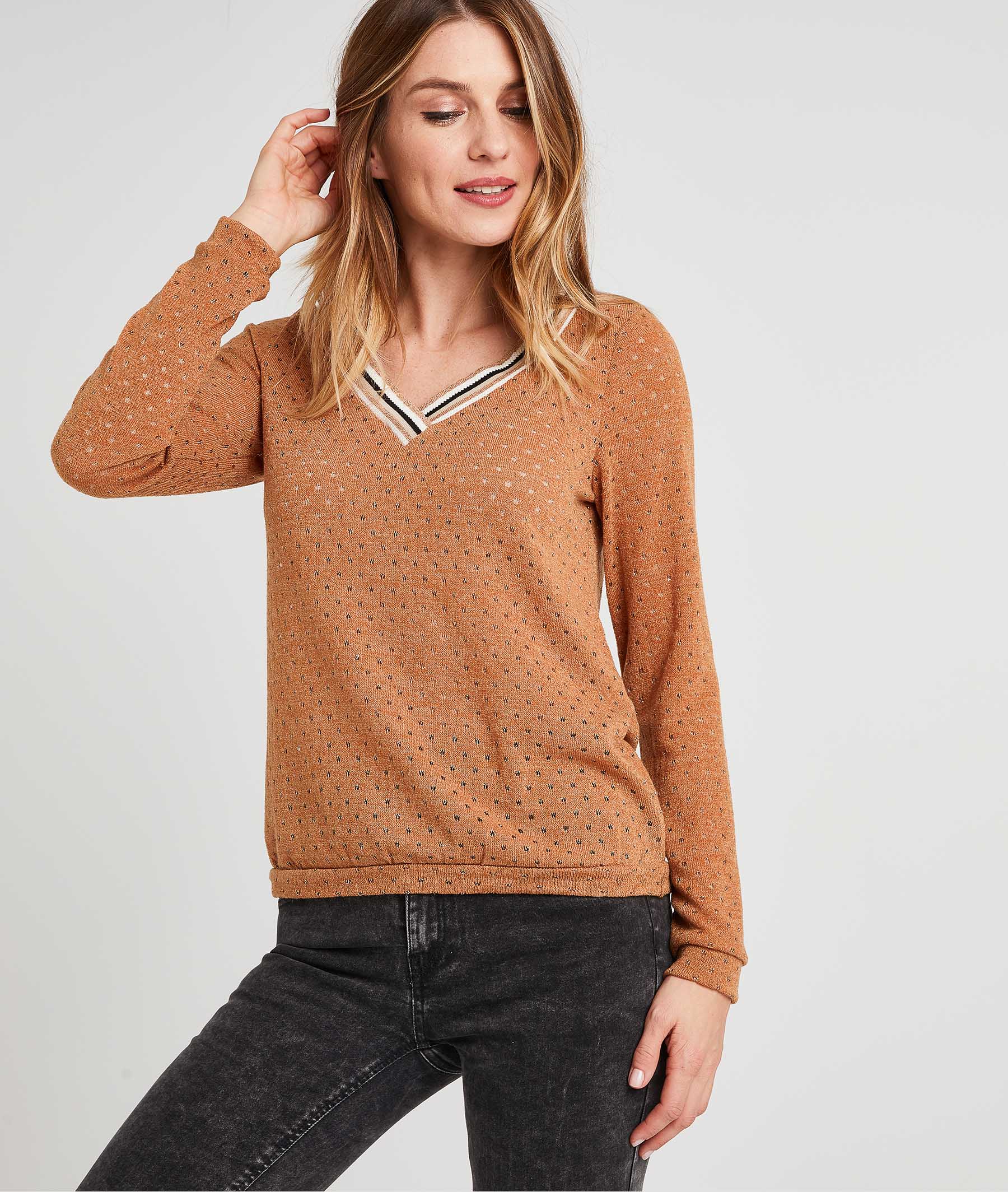Pull ajouré avec col rayé MARRON