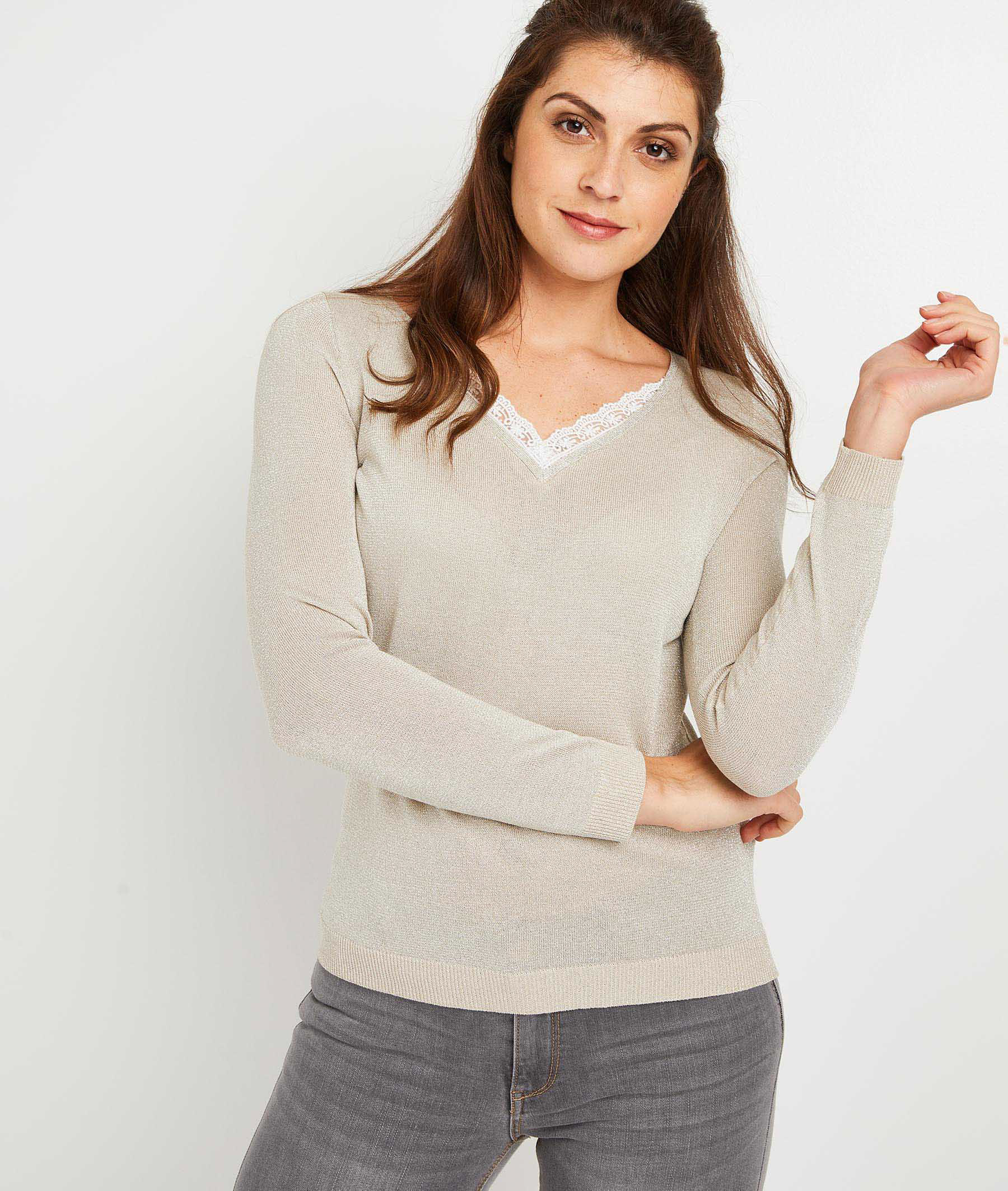 Pull uni avec dentelle femme ECRU