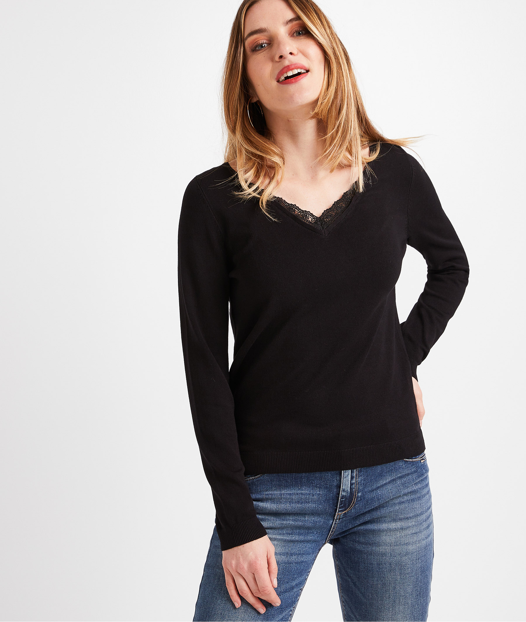 Pull uni avec dentelle femme NOIR