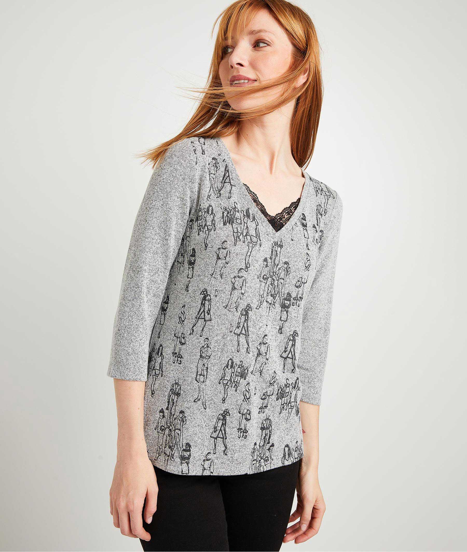 T-shirt gris avec dentelle femme GRIS