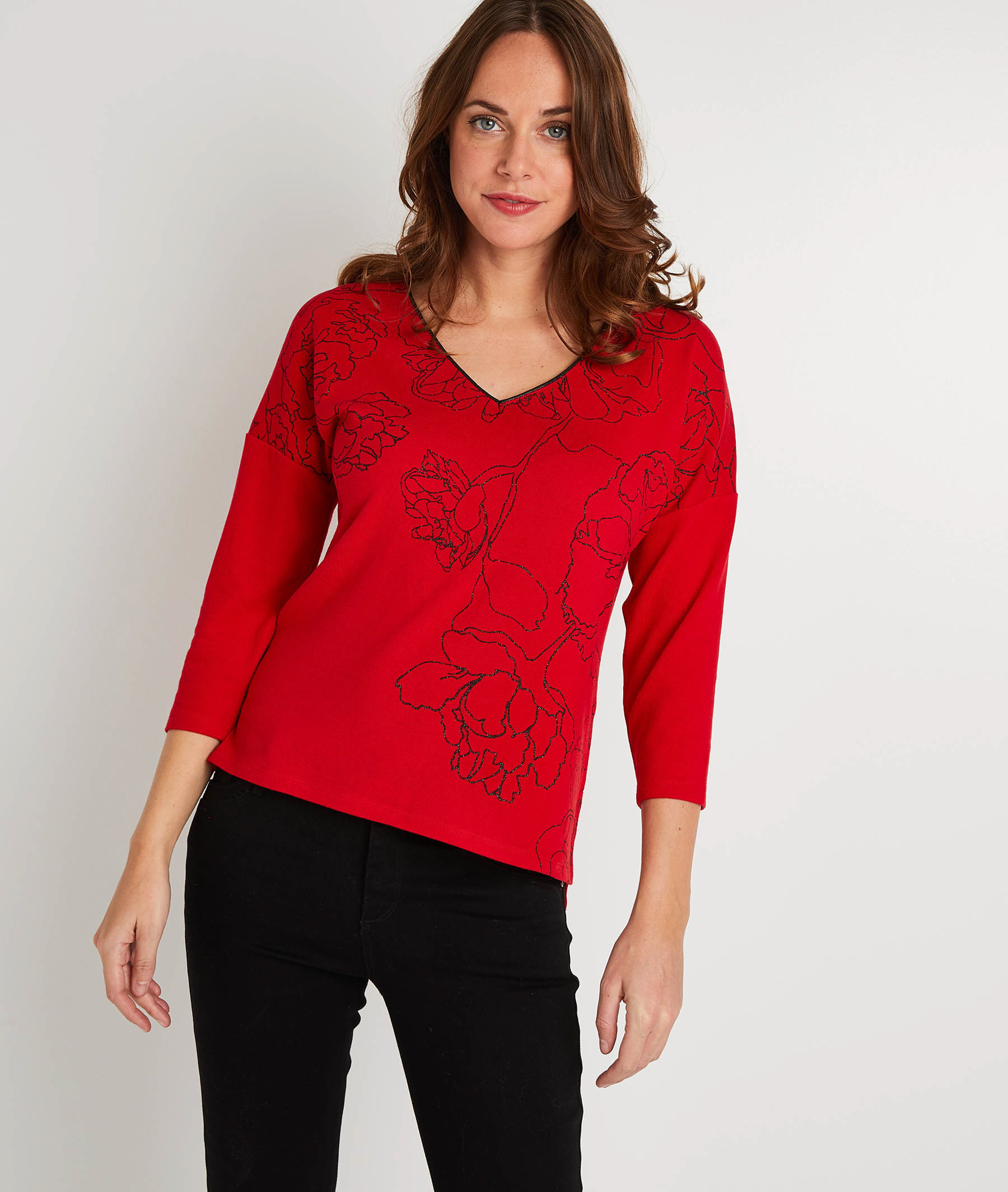 T-shirt rouge fleuri femme ROUGE