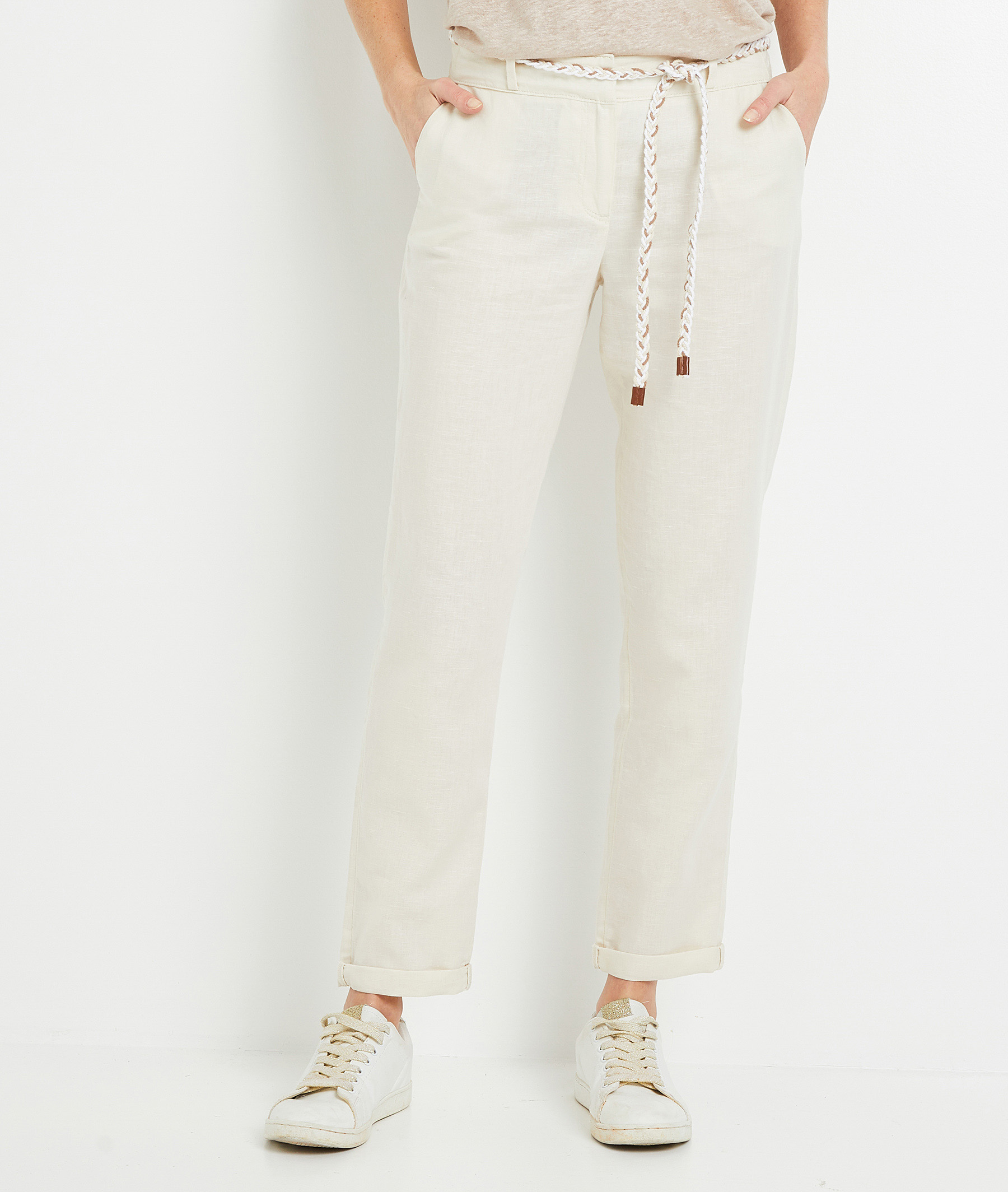 Chino en lin et coton femme ECRU
