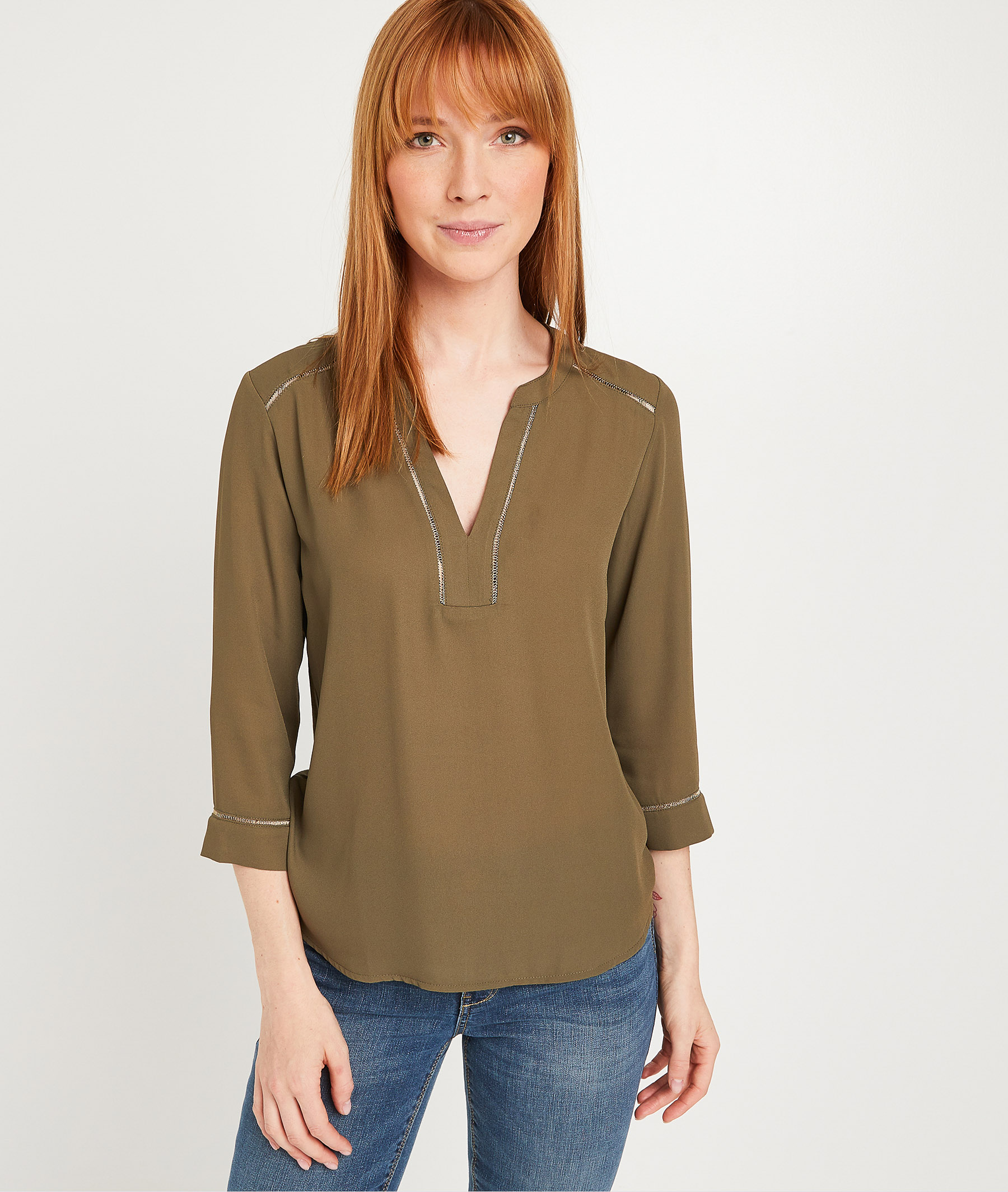 T-shirt uni bi-matières femme KAKI