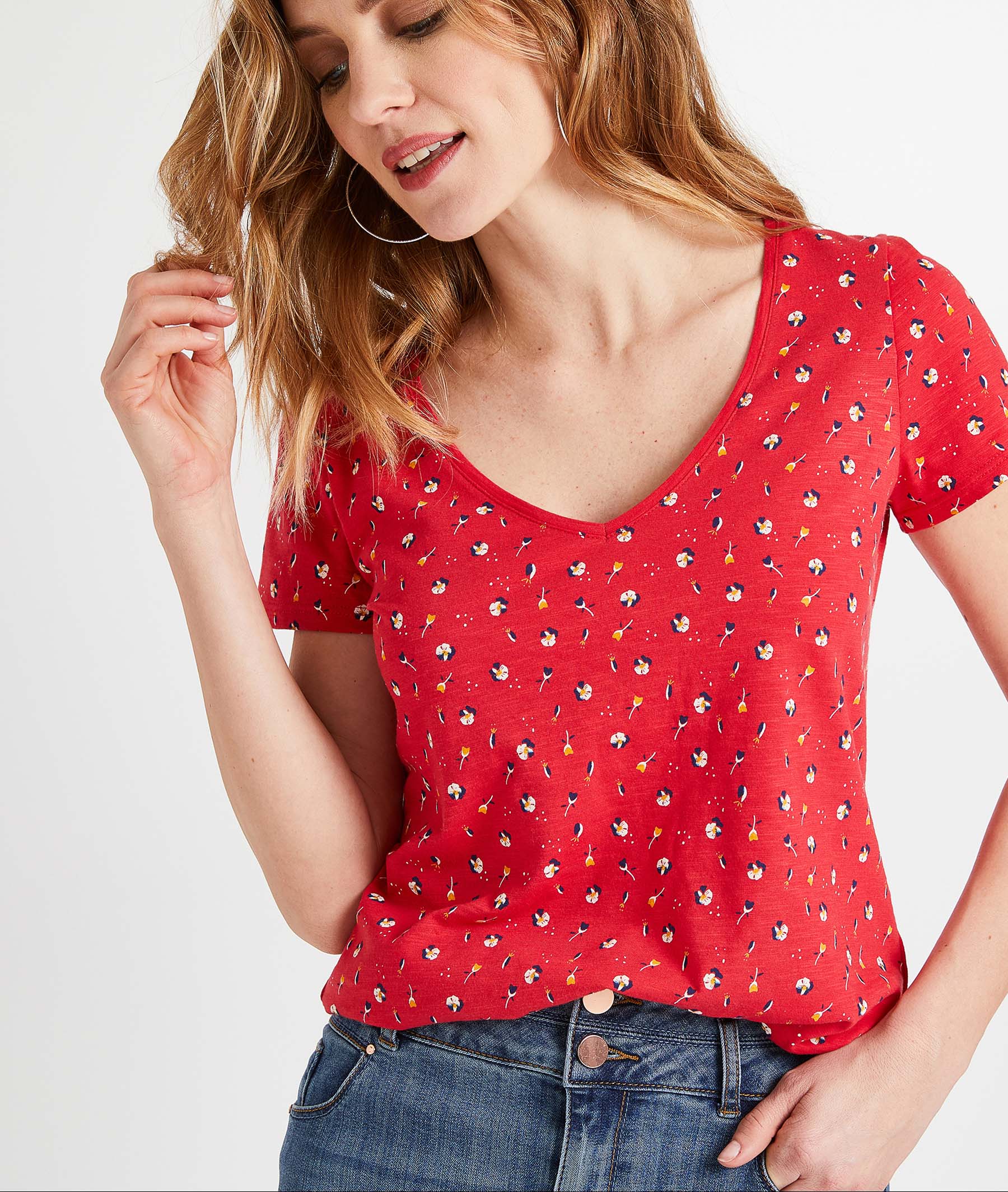 T-shirt femme imprimé en coton ROUGE