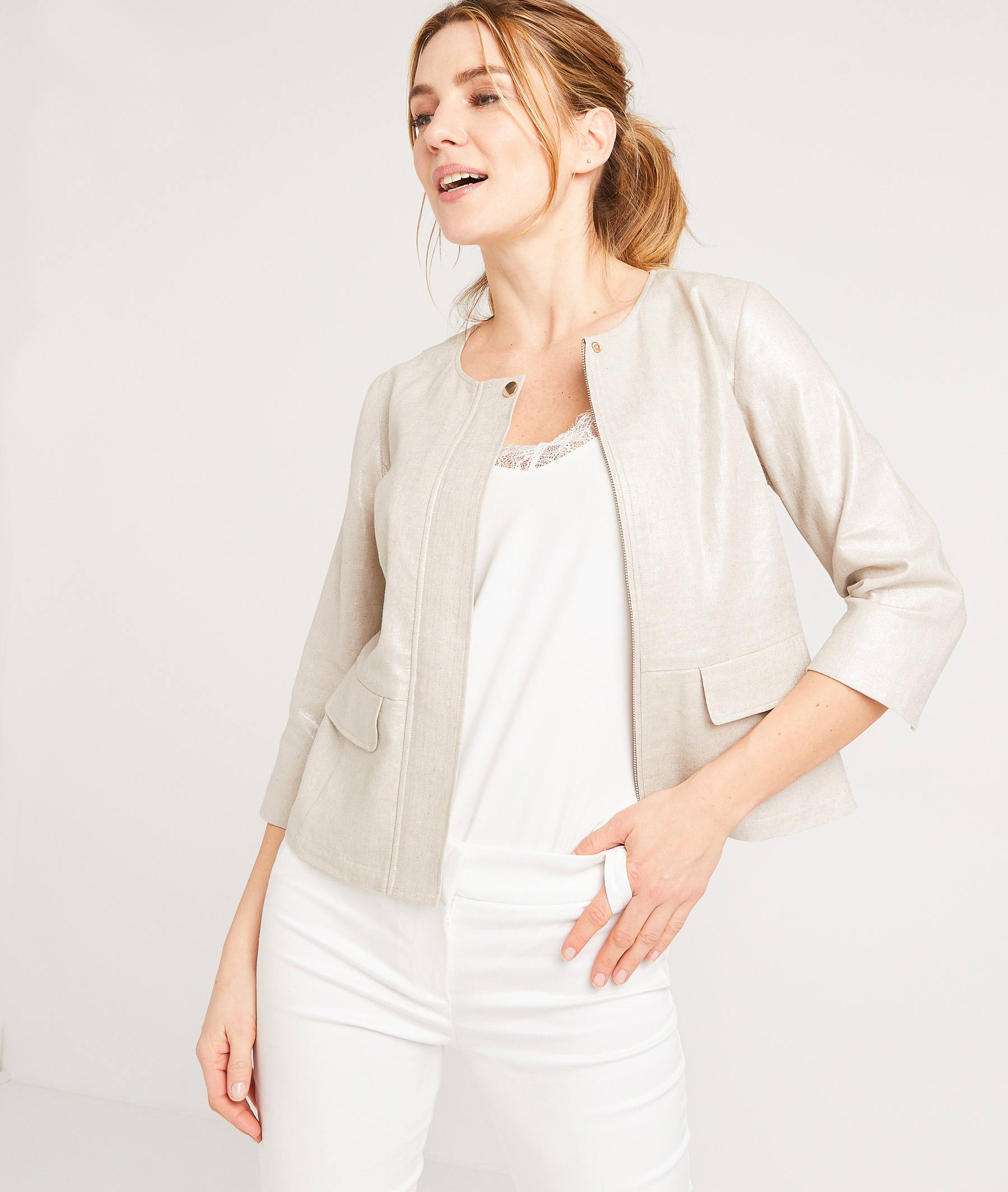 Veste zippée brillante femme BEIGE