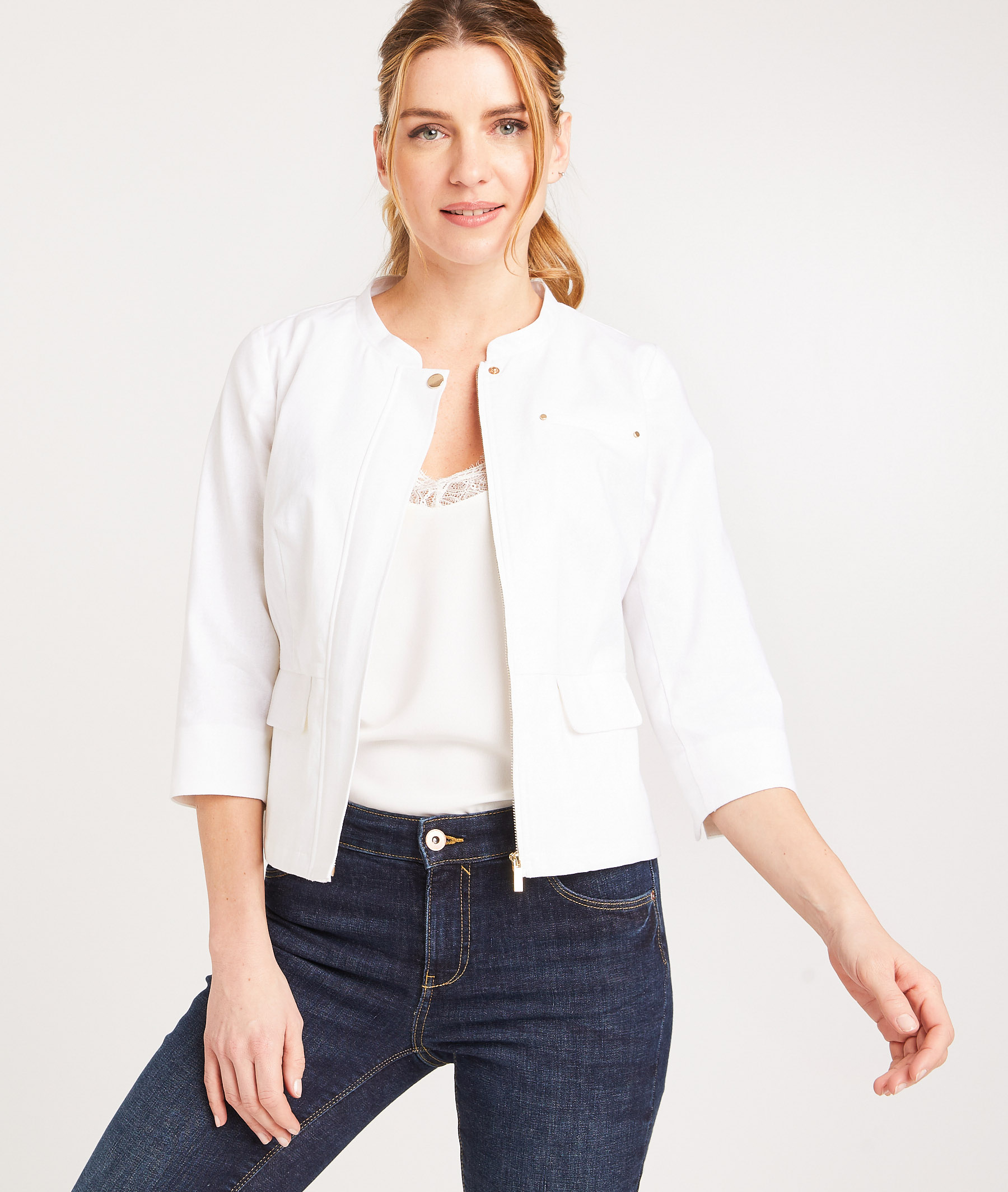 Veste zippée mélange lin femme BLANC - Grain de Malice