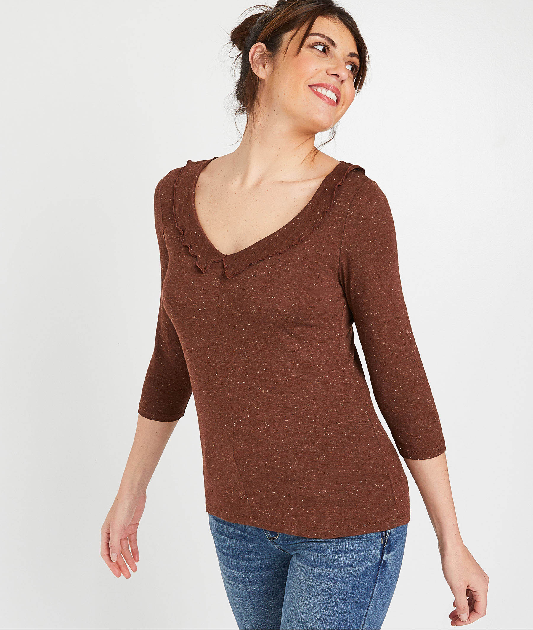 T-shirt uni avec volants femme CHOCOLAT