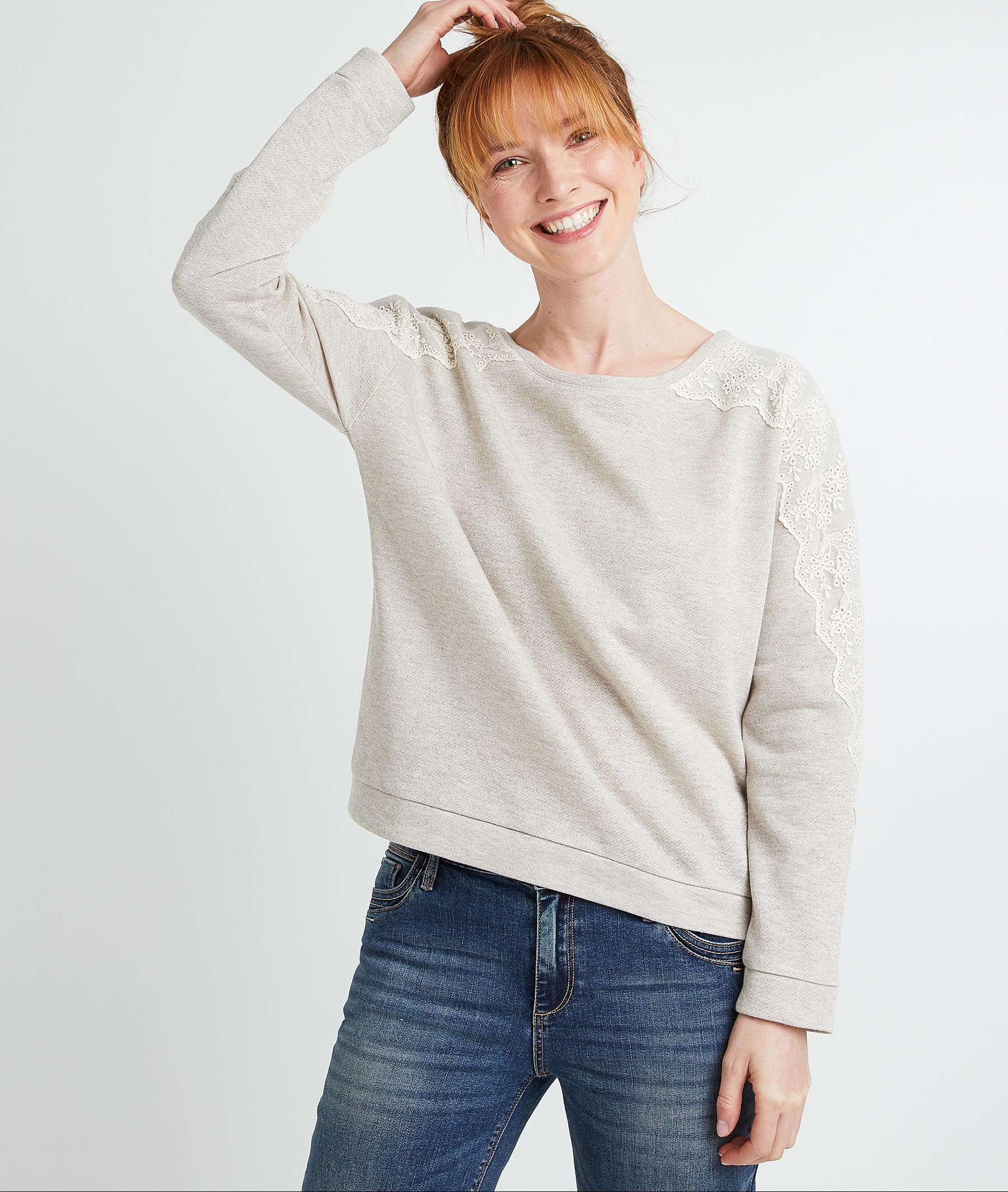 Sweat col rond avec dentelle femme GRIS