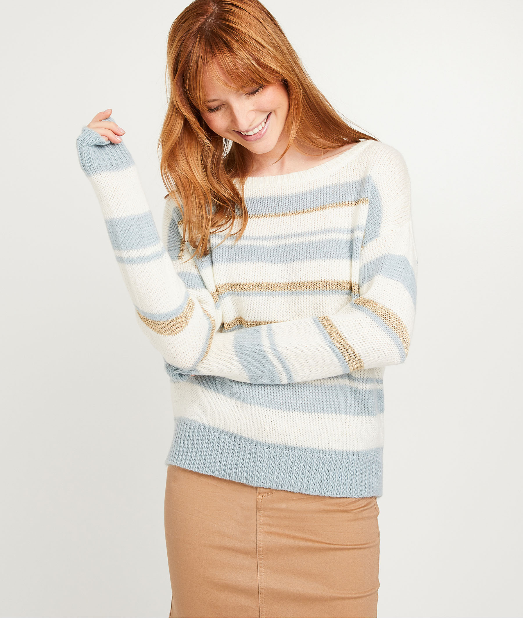 Pull rayé écru et bleu femme BLEU
