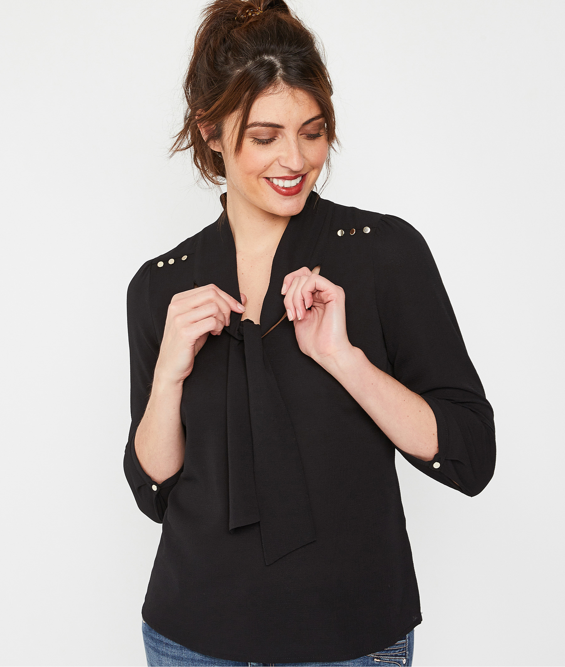 Blouse col lavallière femme NOIR