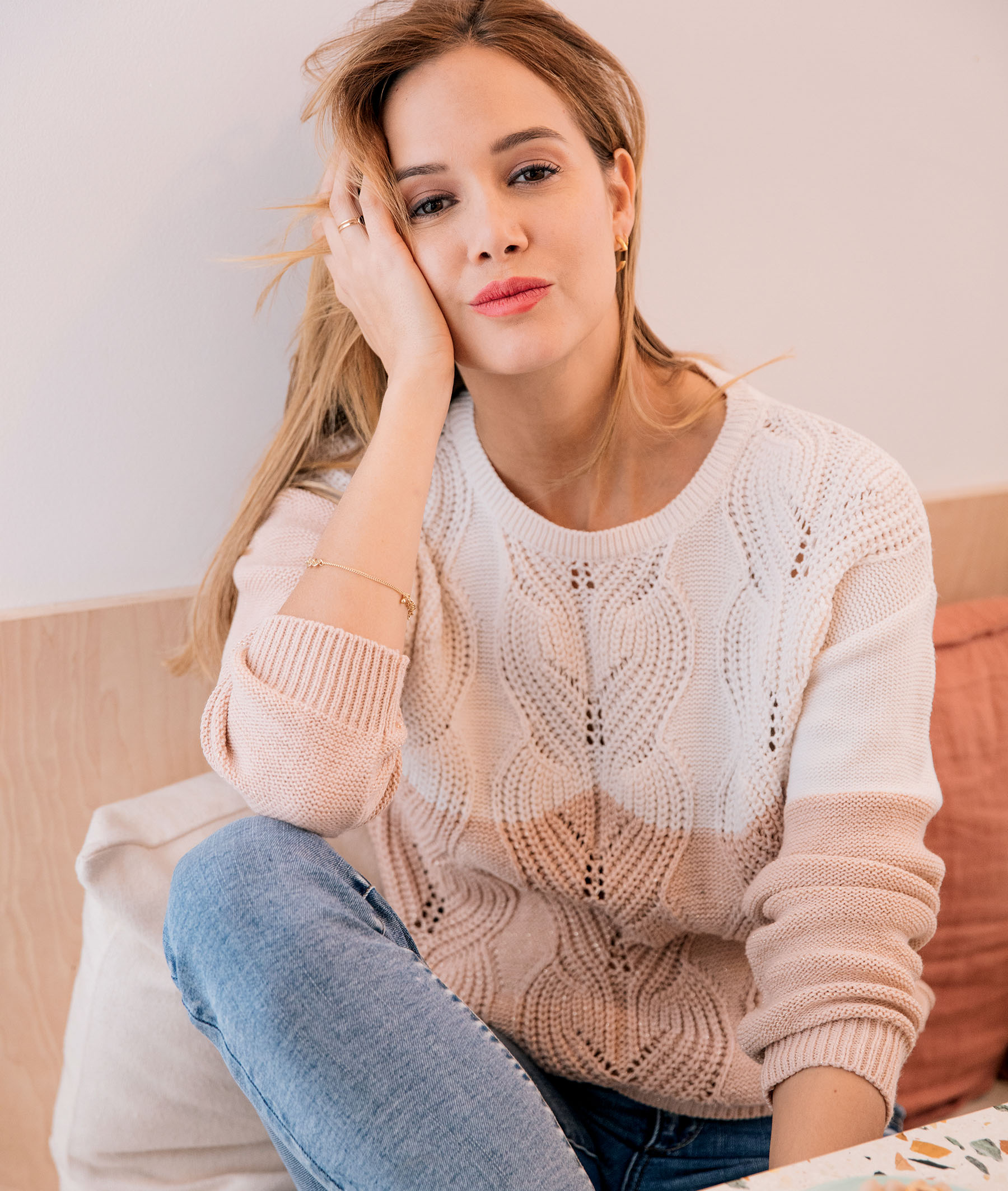 Pull bicolore torsades femme ROSE