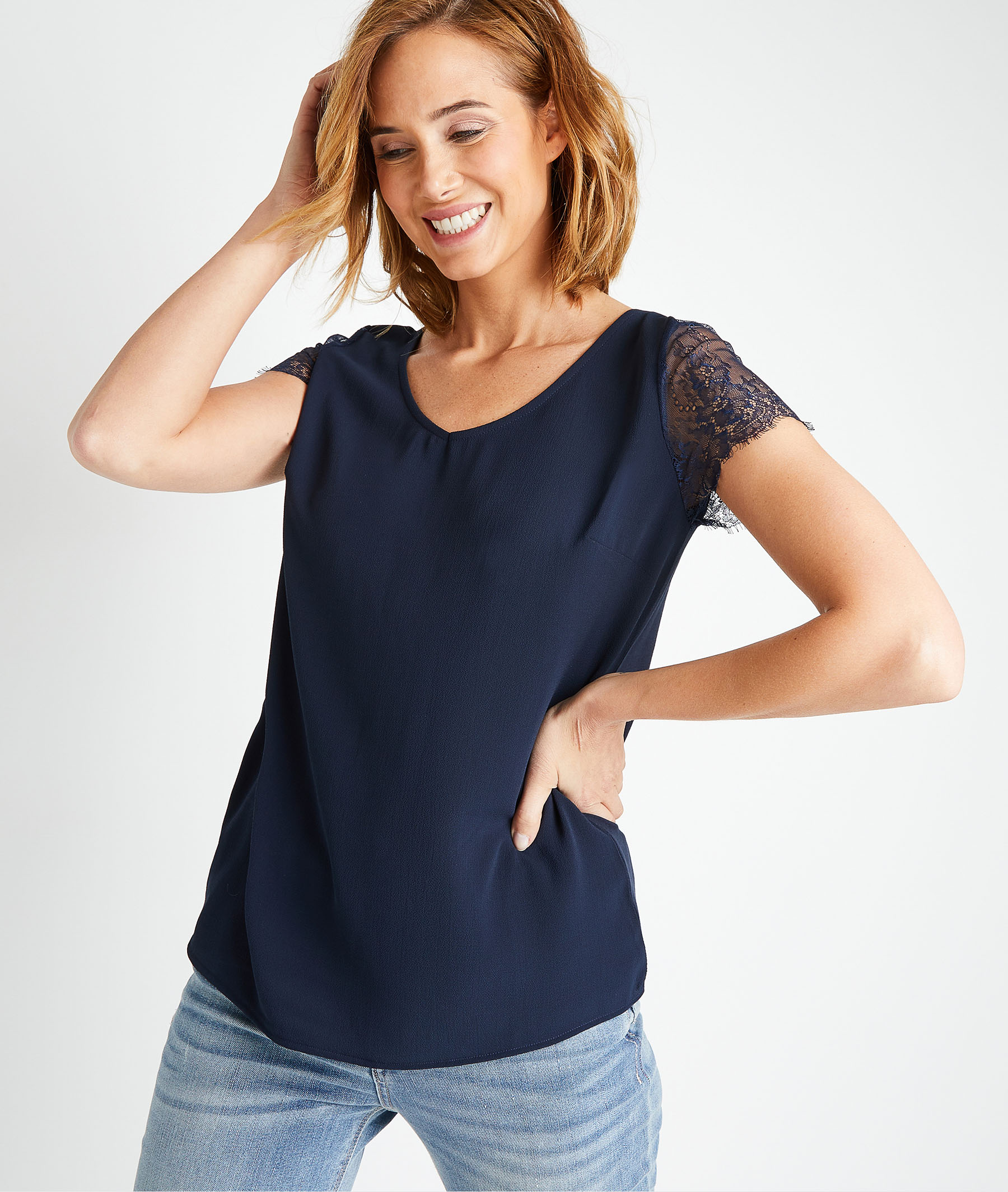 T-shirt en coton avec dentelle femme MARINE