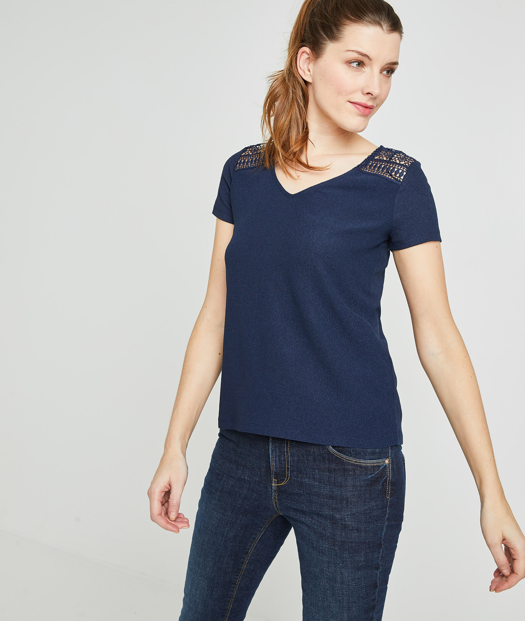 T-shirt maille froissée et guipure femme MARINE